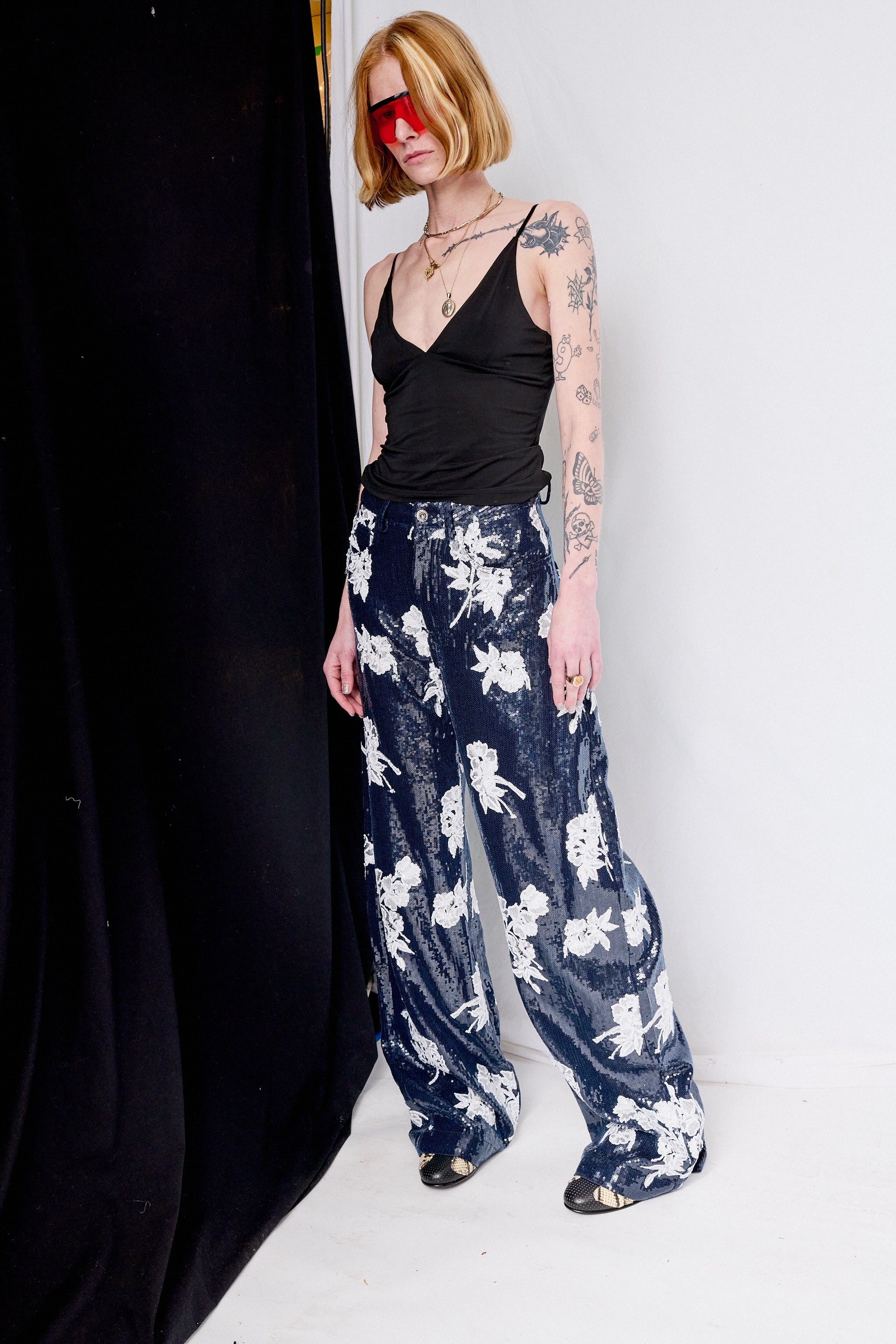 Navy Sequin Boyfriend Style Trousers