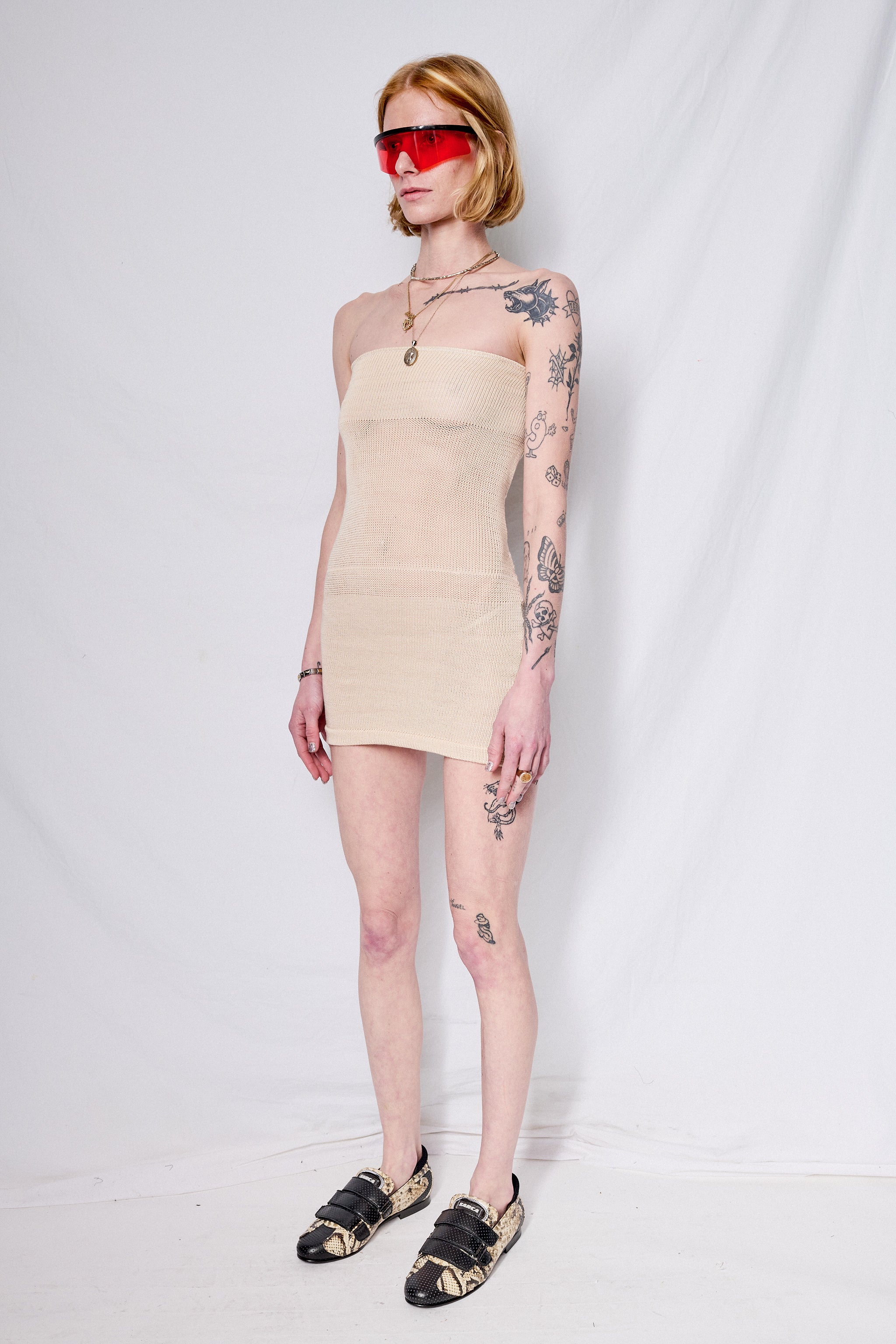 Beige Strapless Knit Dress
