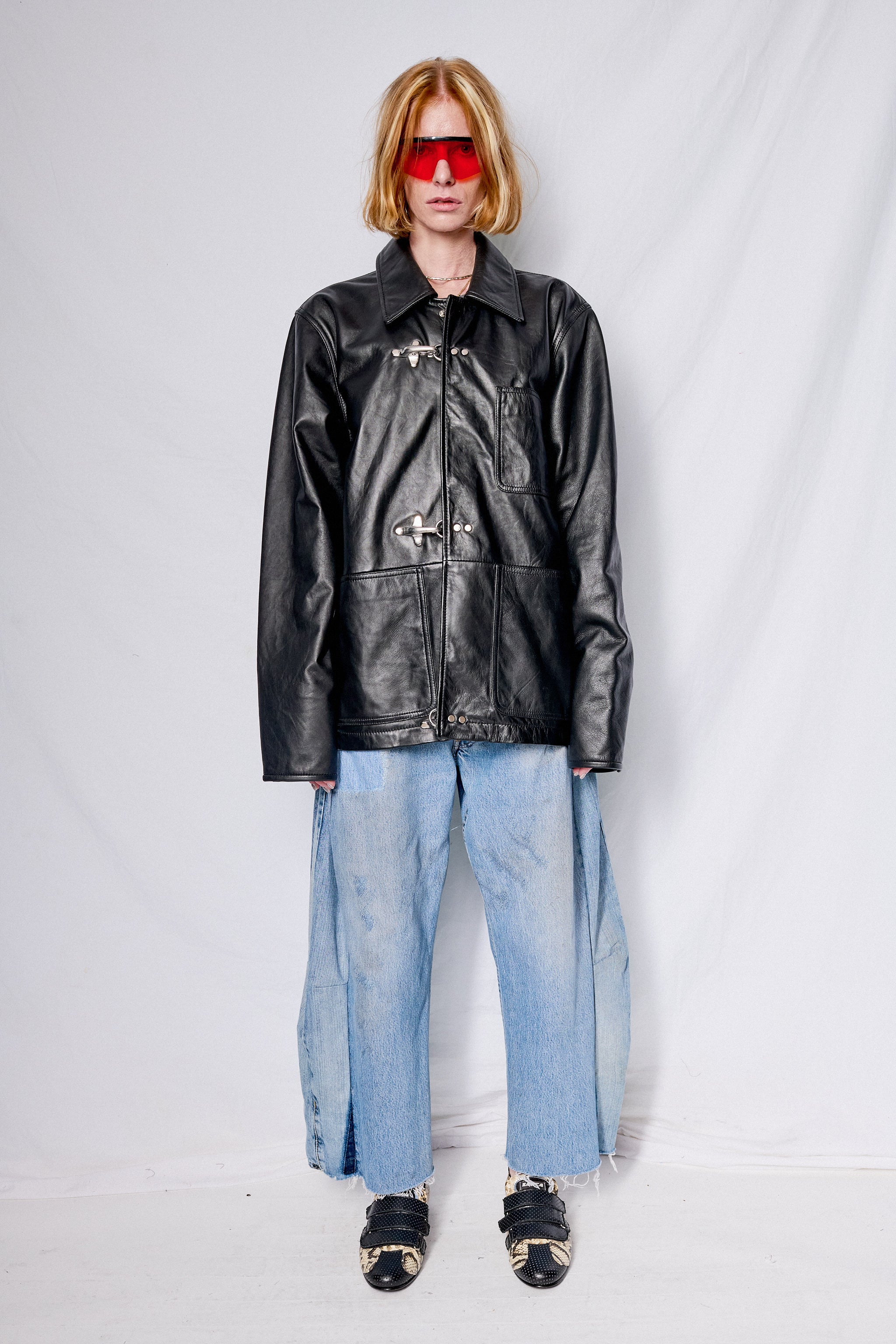 ジャケット・アウター leather hoodie jacket fireman Black Leather Fireman Field Coat - Assembly New York