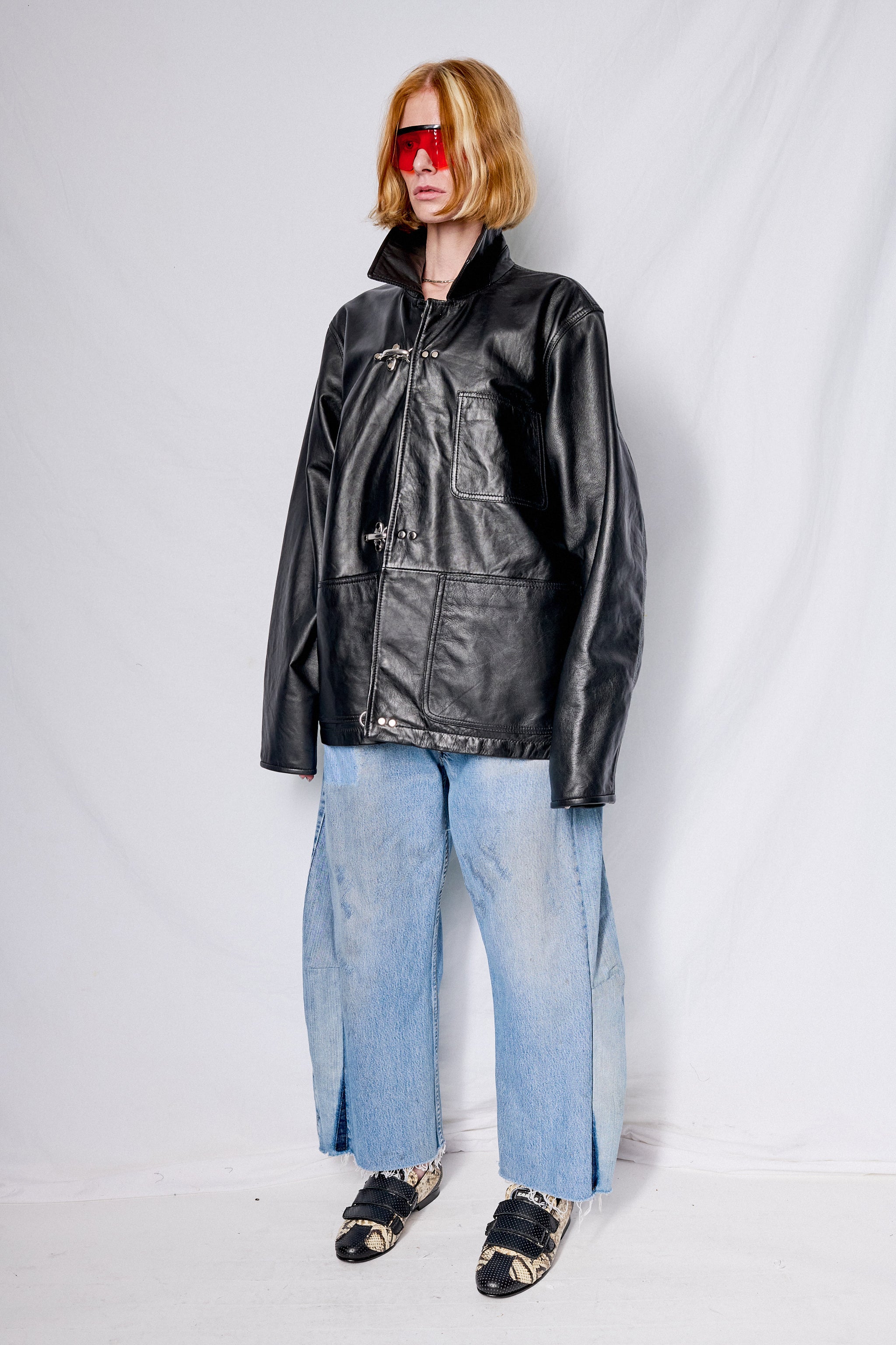 Black Leather Fireman Field Coat