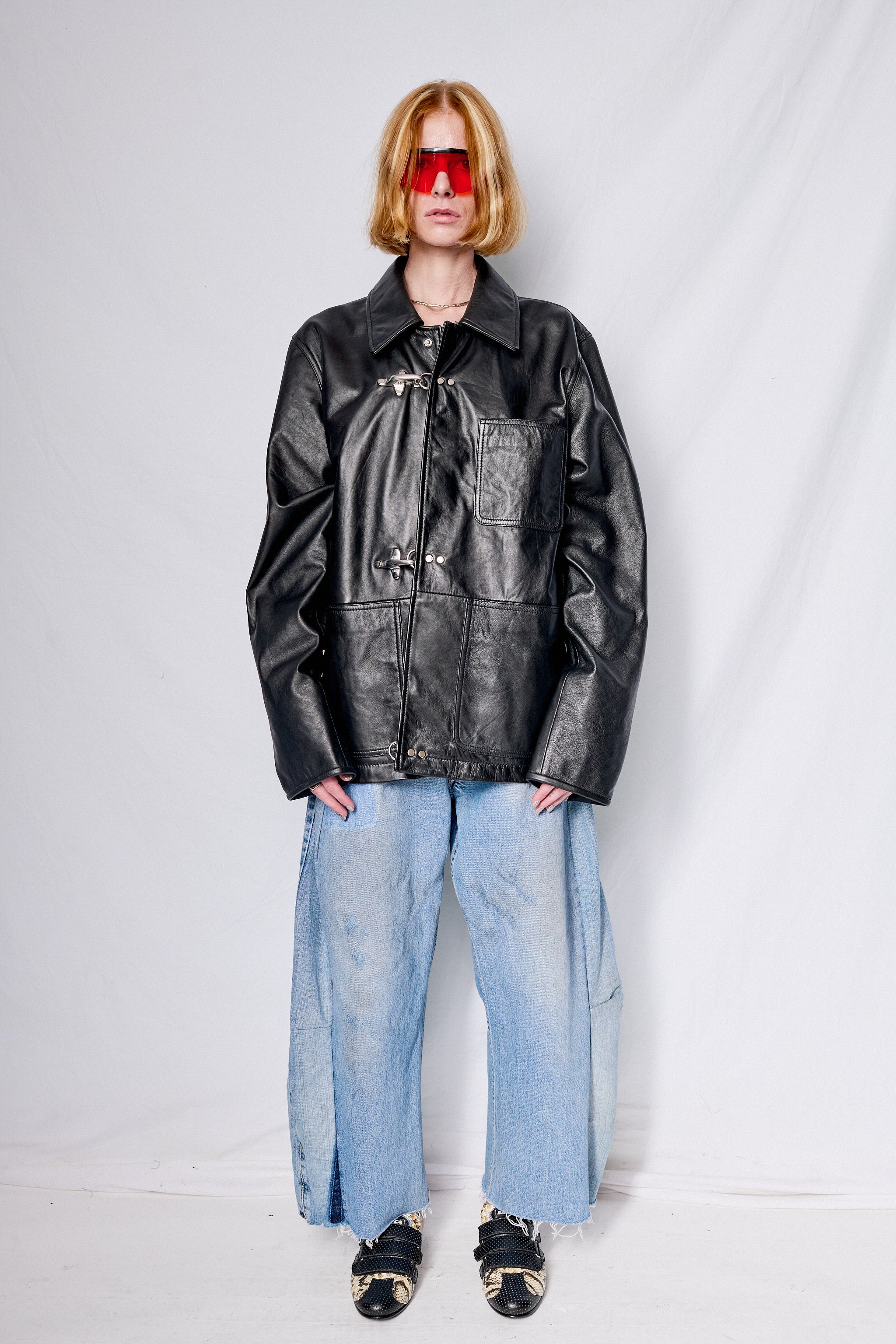 Black Leather Fireman Field Coat - Assembly New York