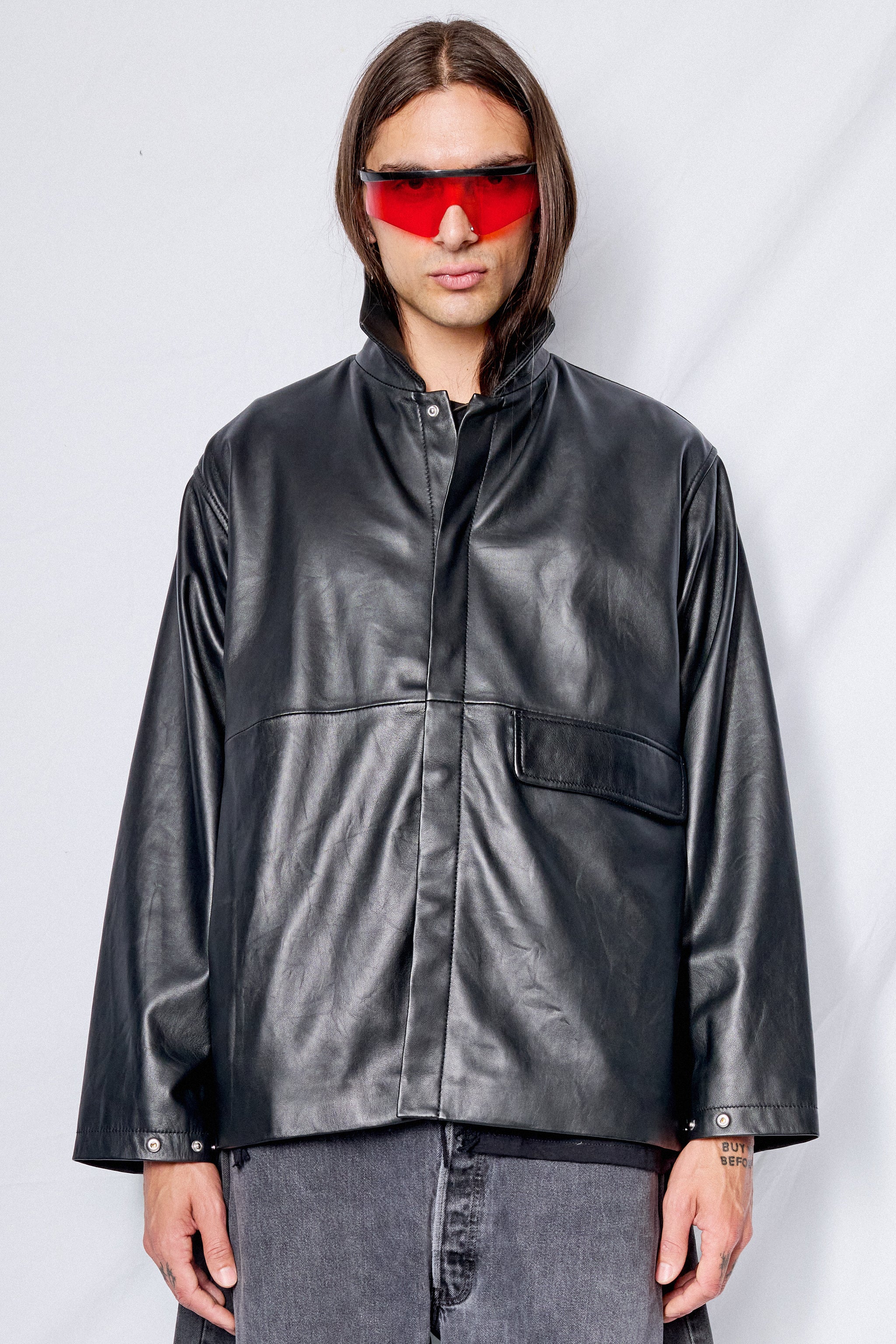 Black Leather Snap Shirtcoat