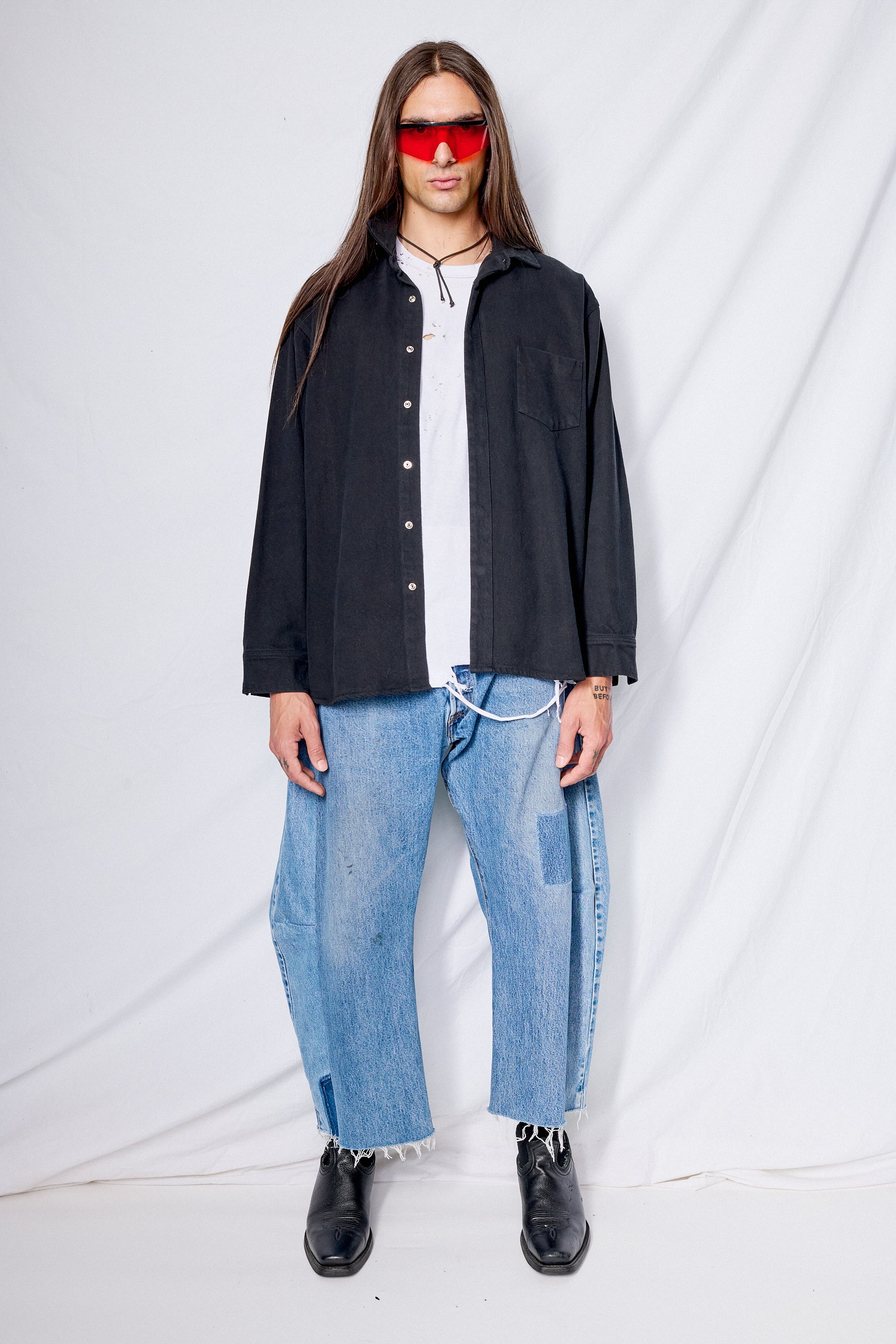 Black Denim Loose Snap Shirt