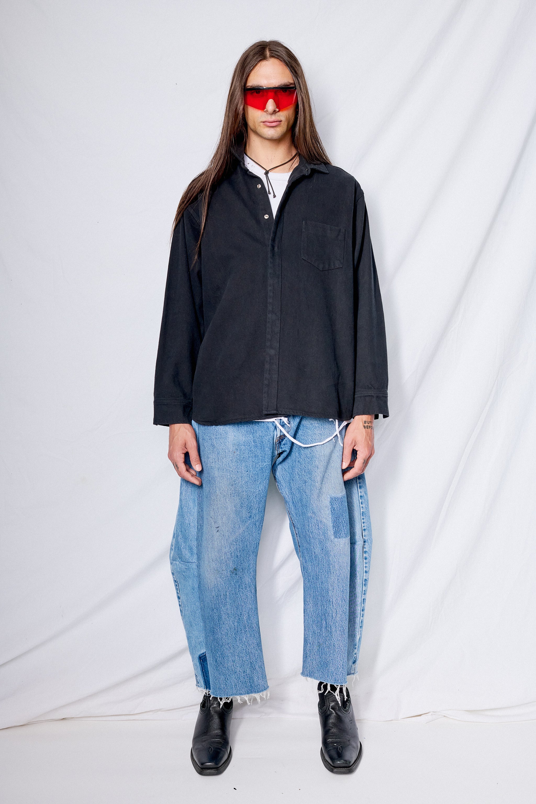 Black Denim Loose Snap Shirt