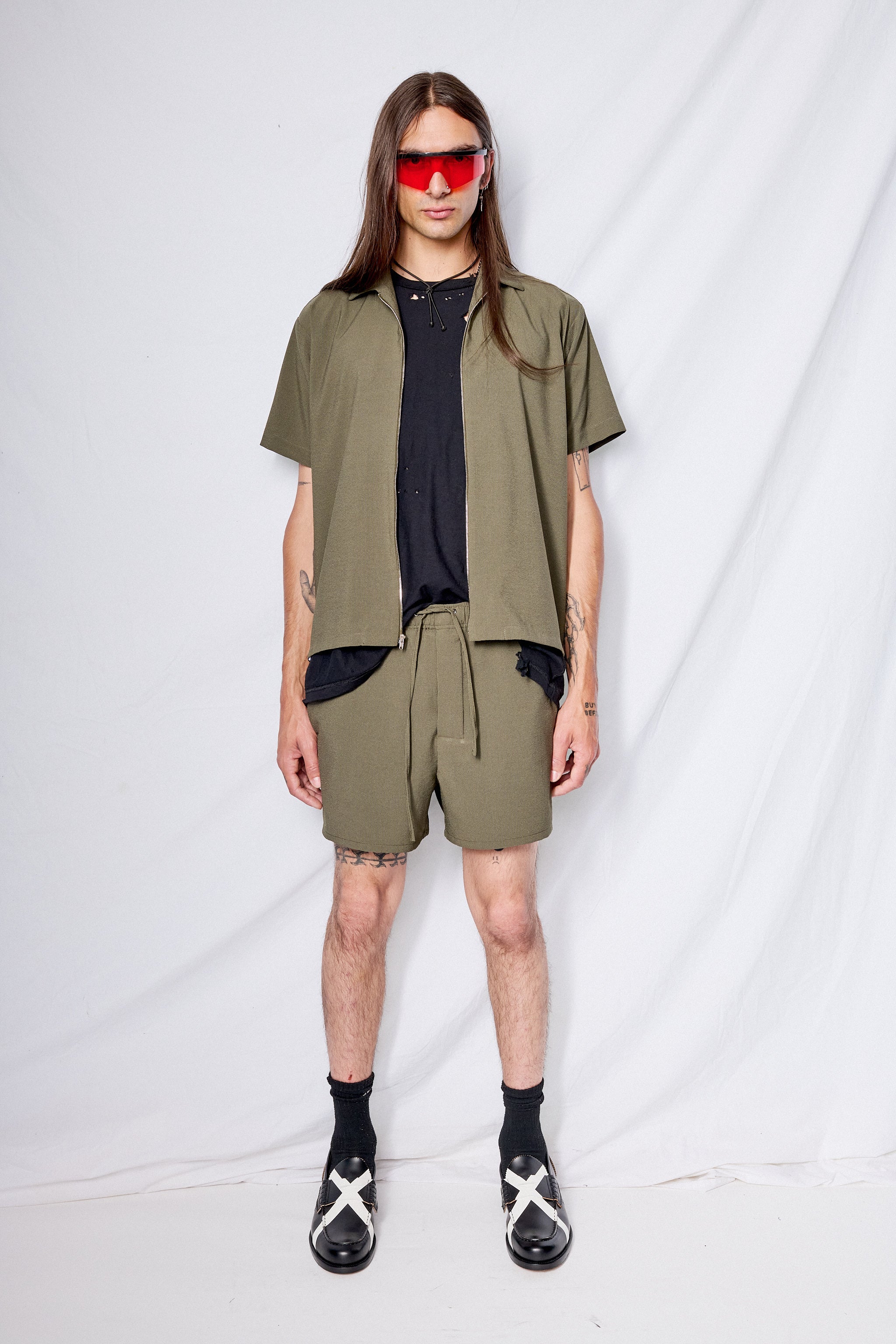 Green Seersucker Zip Camp Shirt
