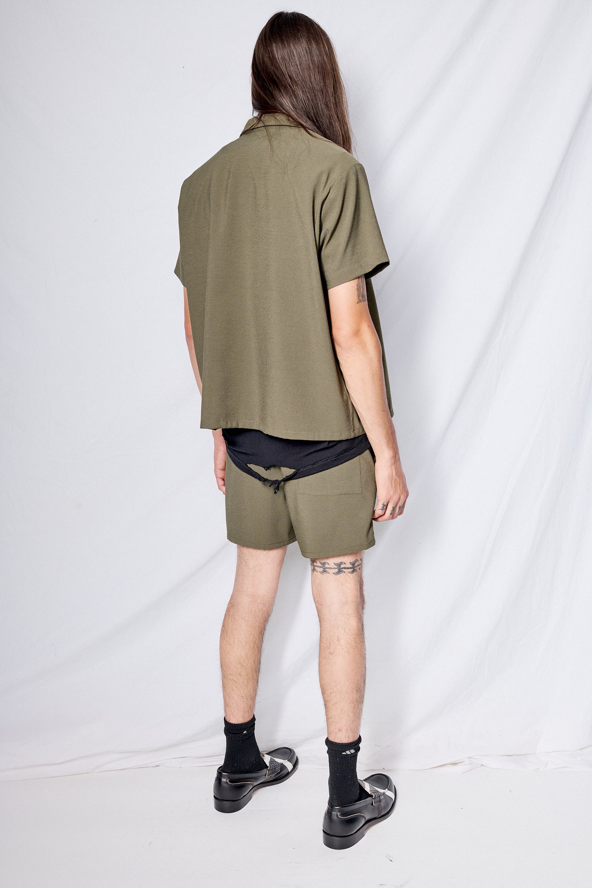 Green Seersucker Zip Camp Shirt
