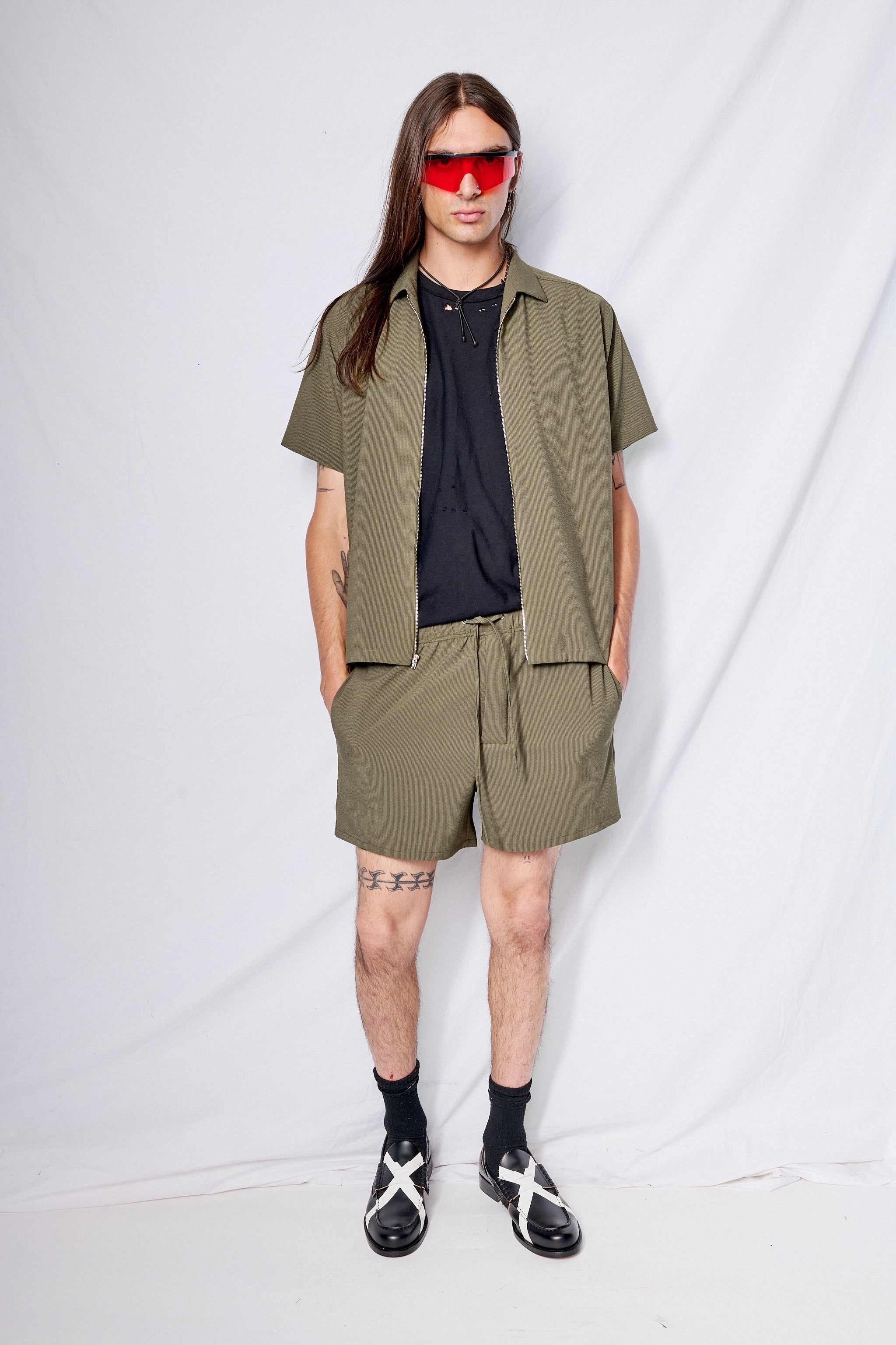 Green Seersucker Zip Camp Shirt