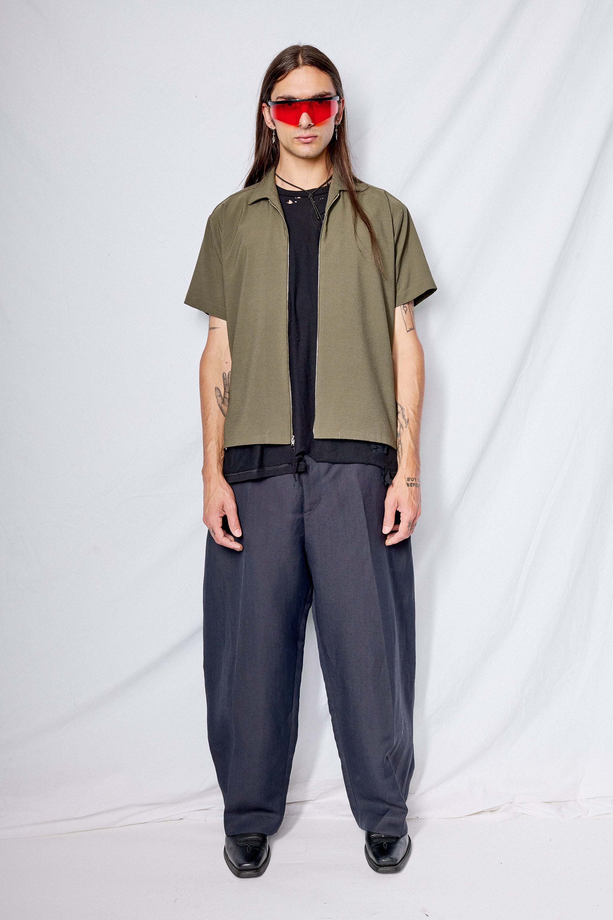 Green Seersucker Zip Camp Shirt