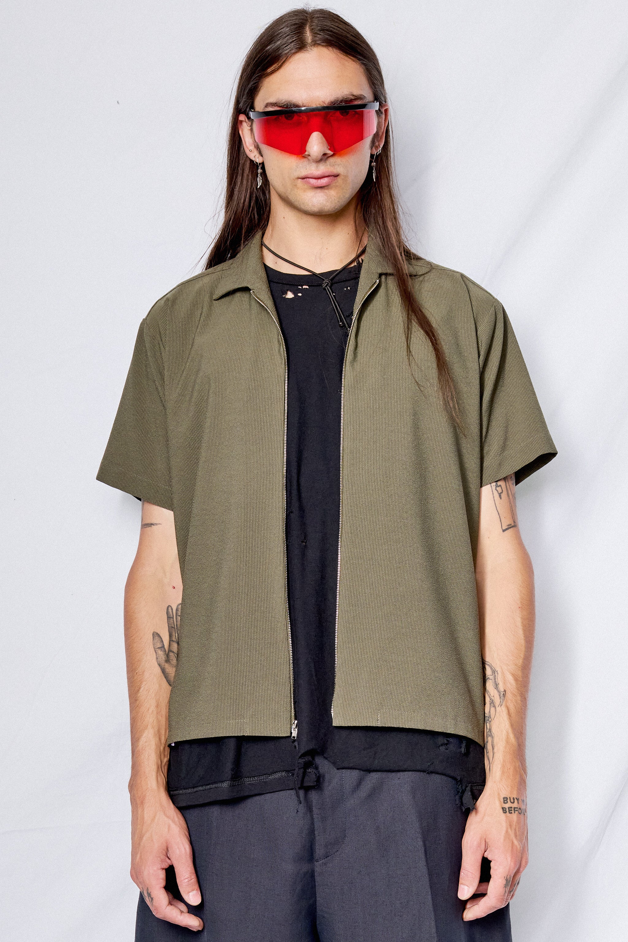 Green Seersucker Zip Camp Shirt