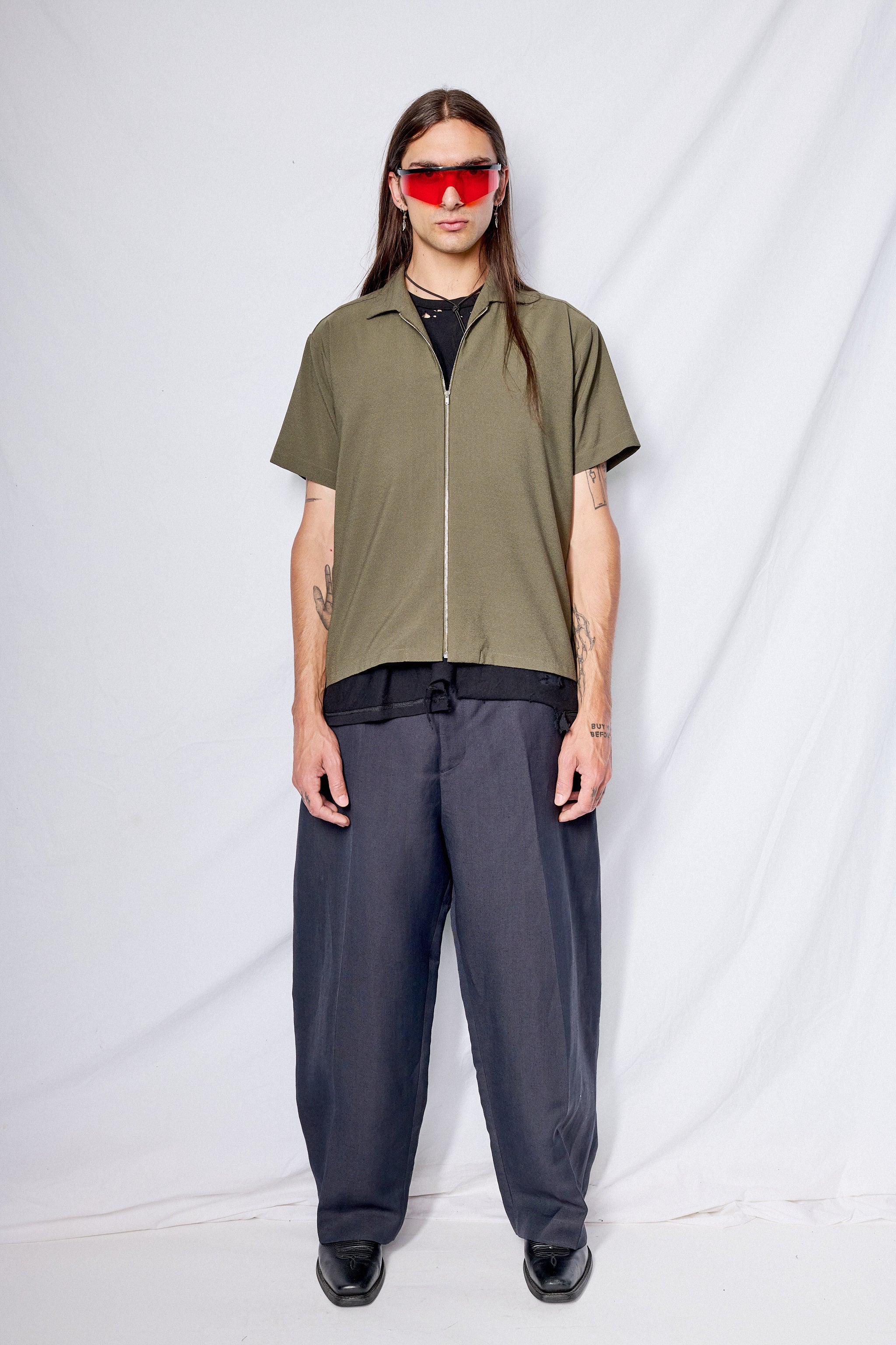 Green Seersucker Zip Camp Shirt