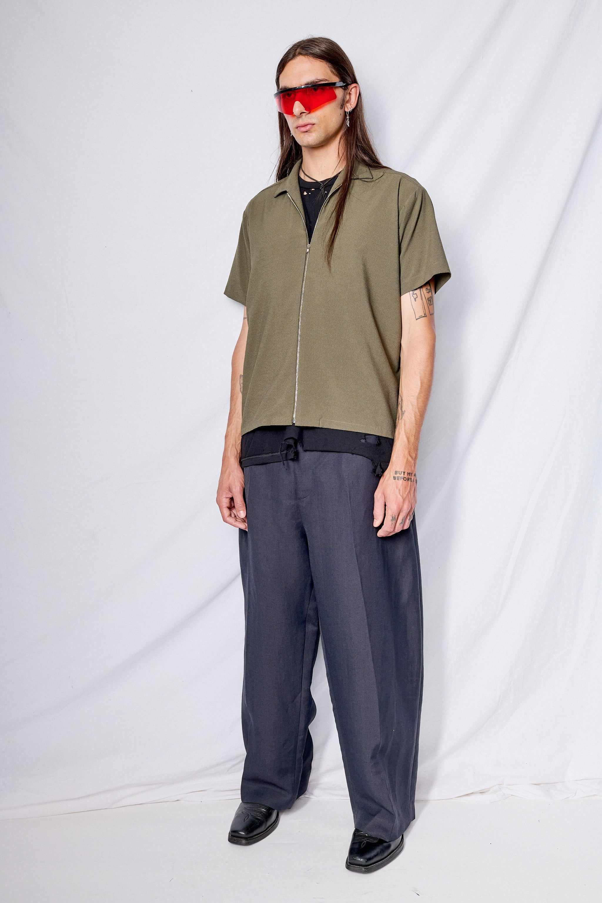 Green Seersucker Zip Camp Shirt
