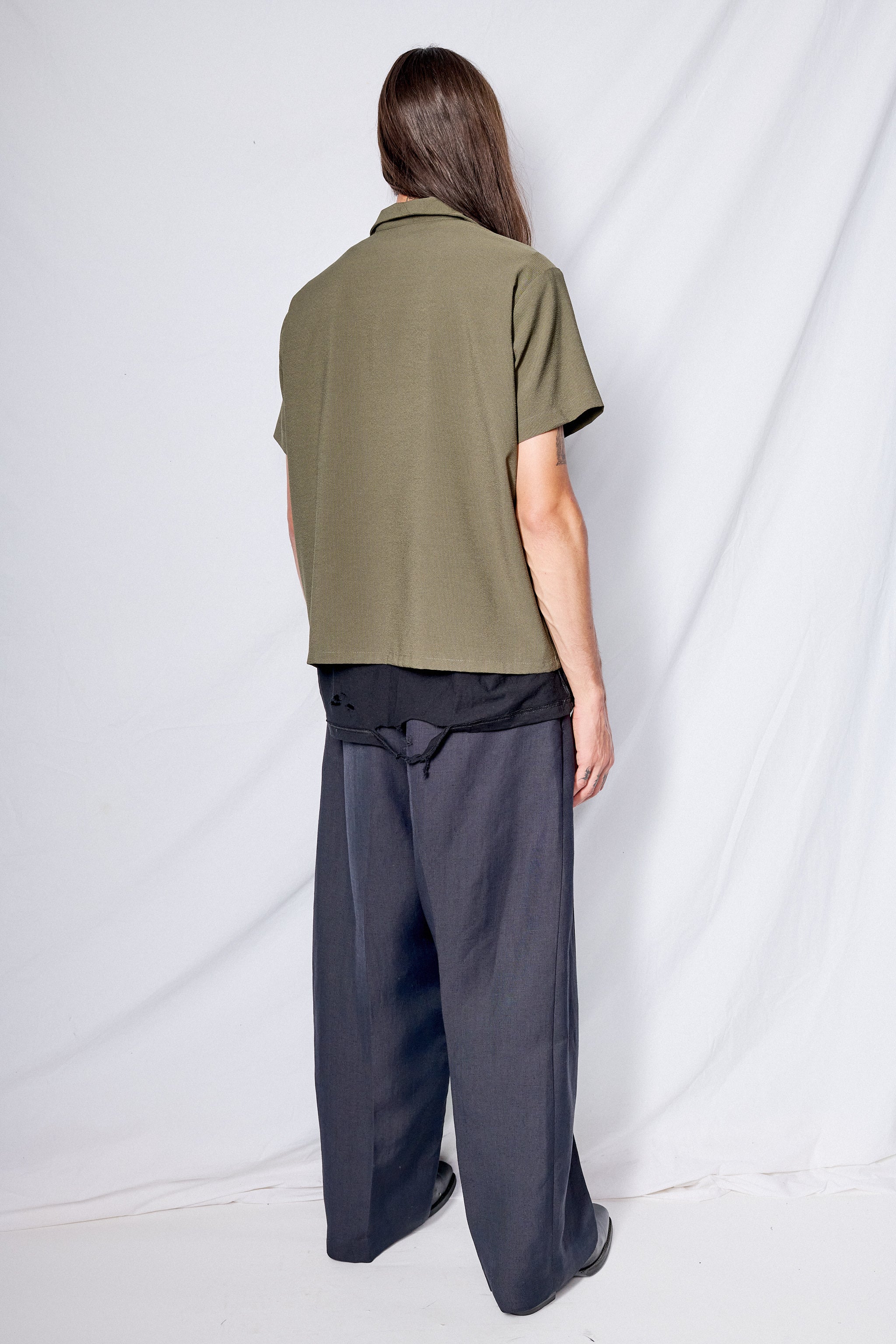 Green Seersucker Zip Camp Shirt