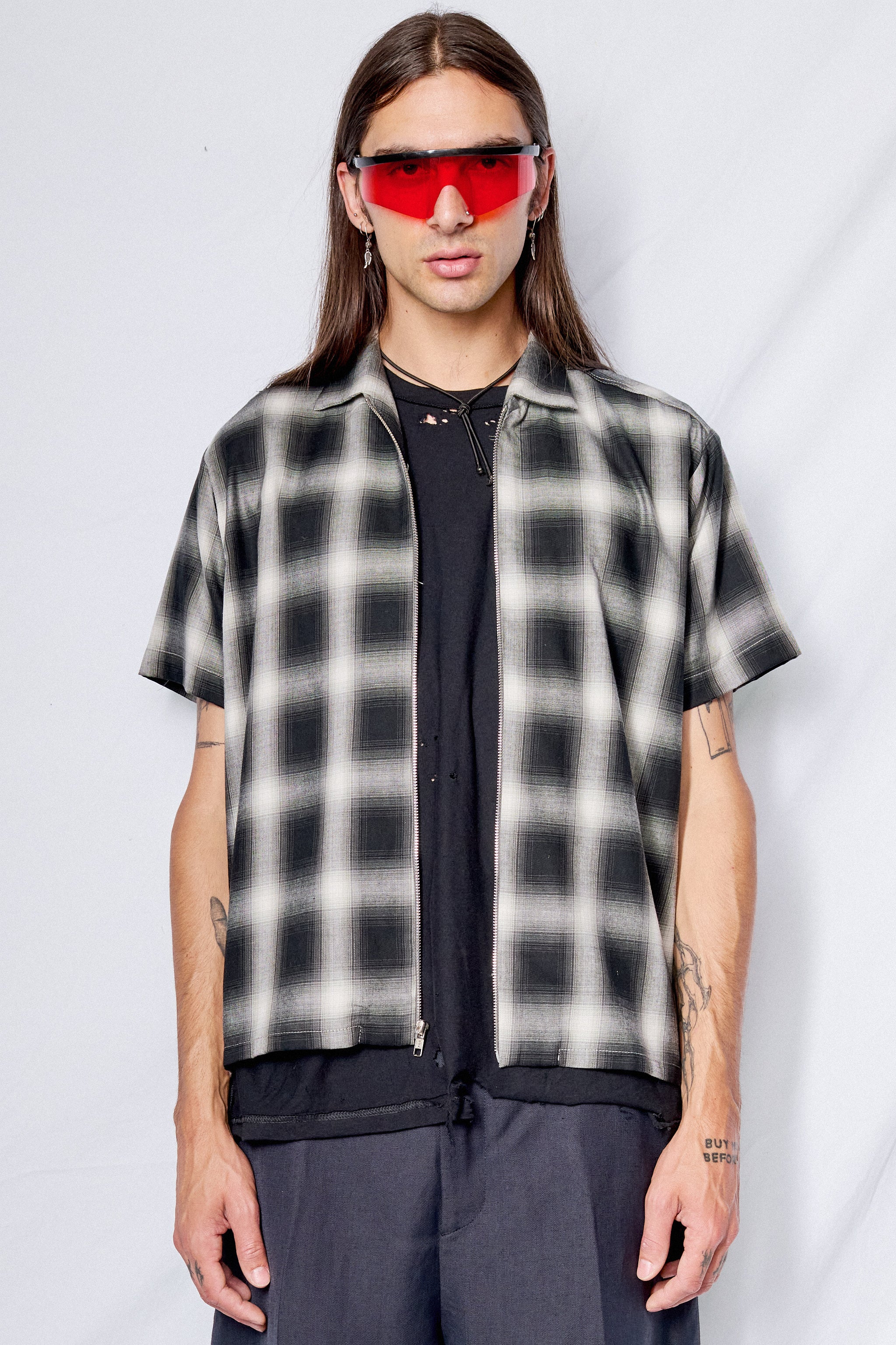 Black Plaid Zip Camp Shirt
