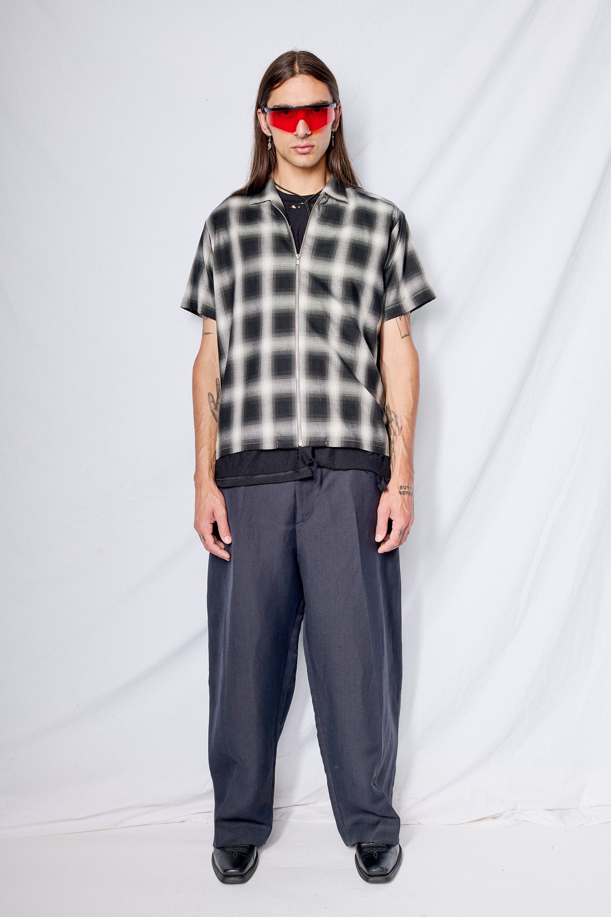 Black Plaid Zip Camp Shirt