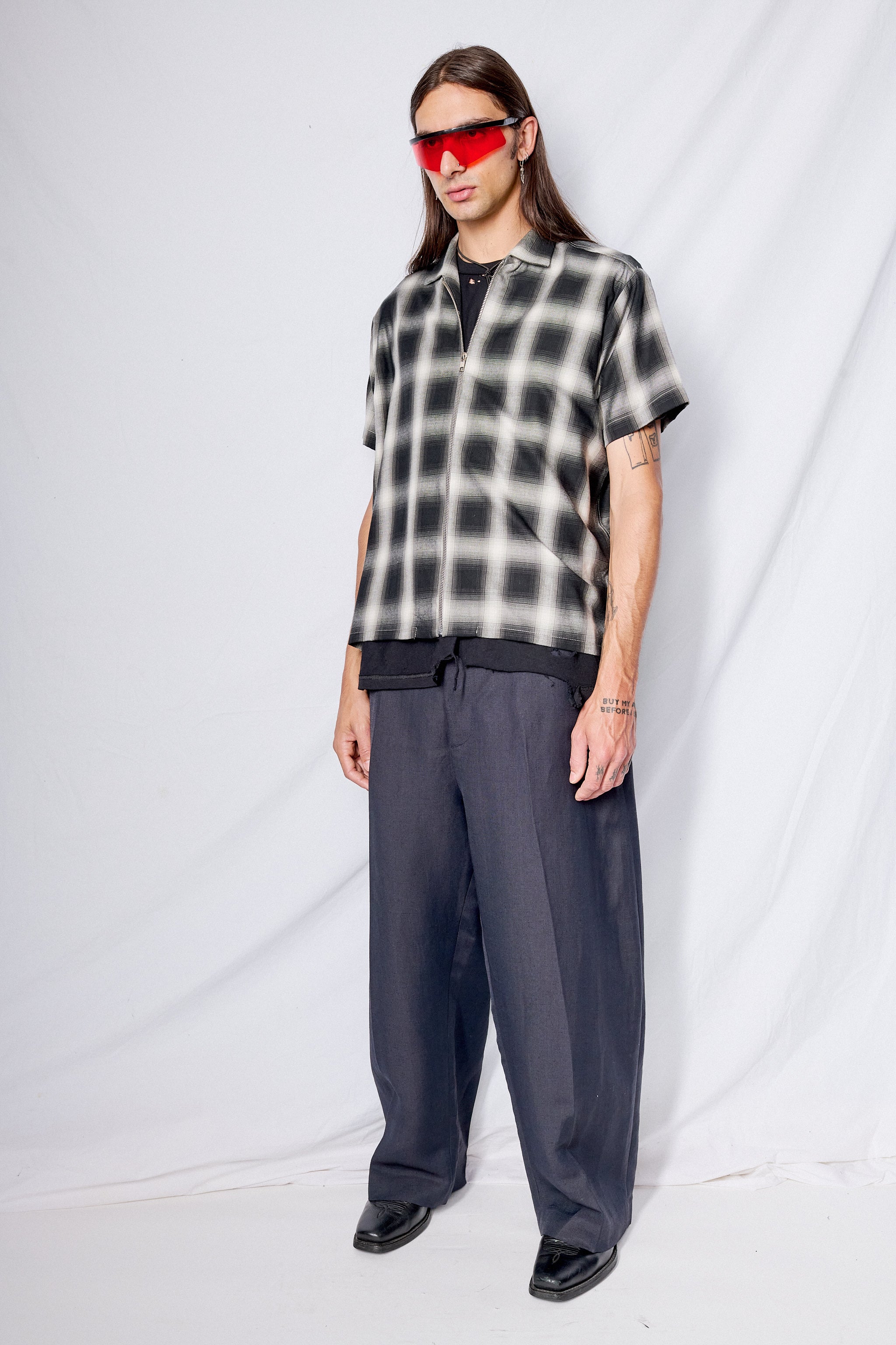Black Plaid Zip Camp Shirt
