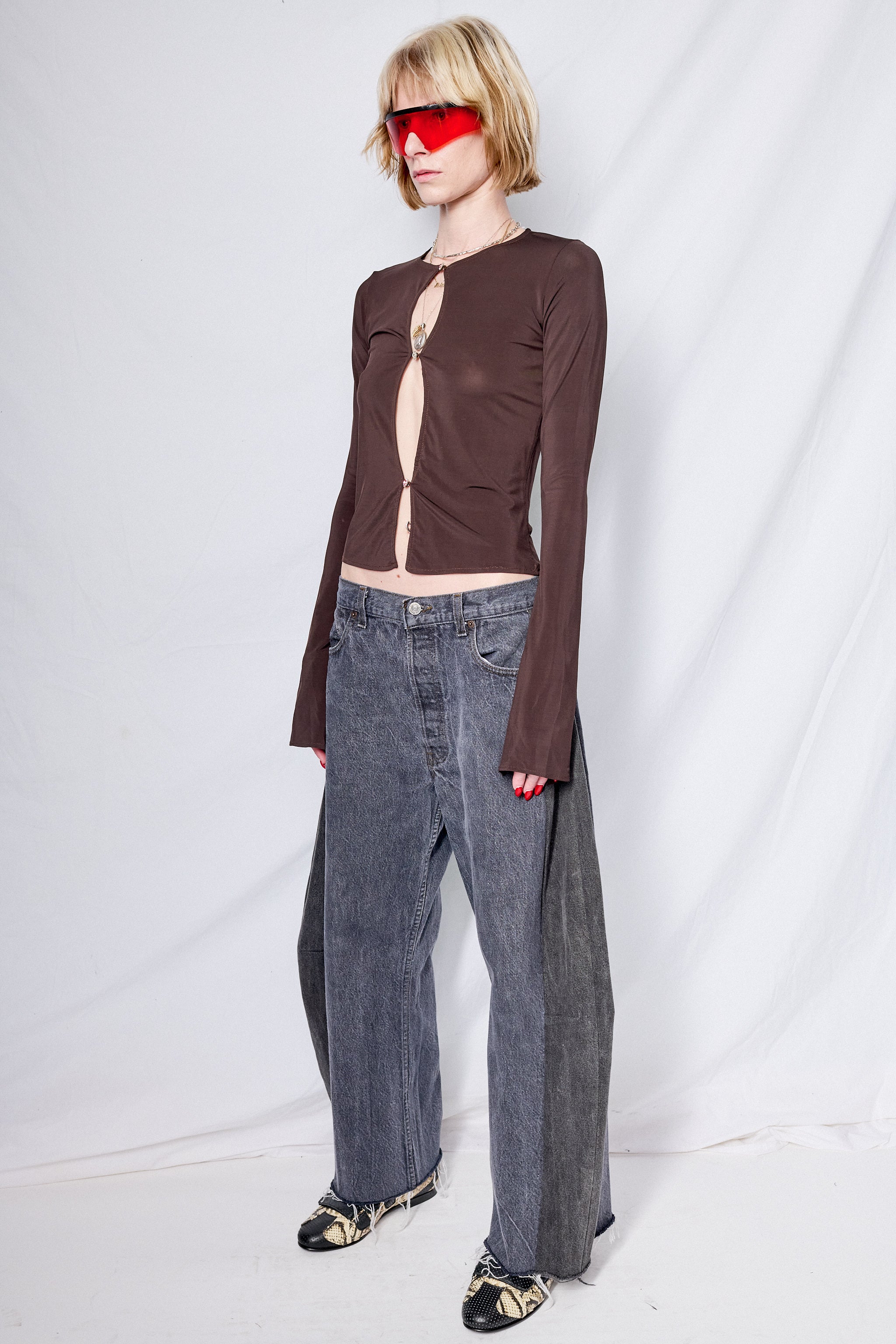Brown Top w/ Zircon Buttons