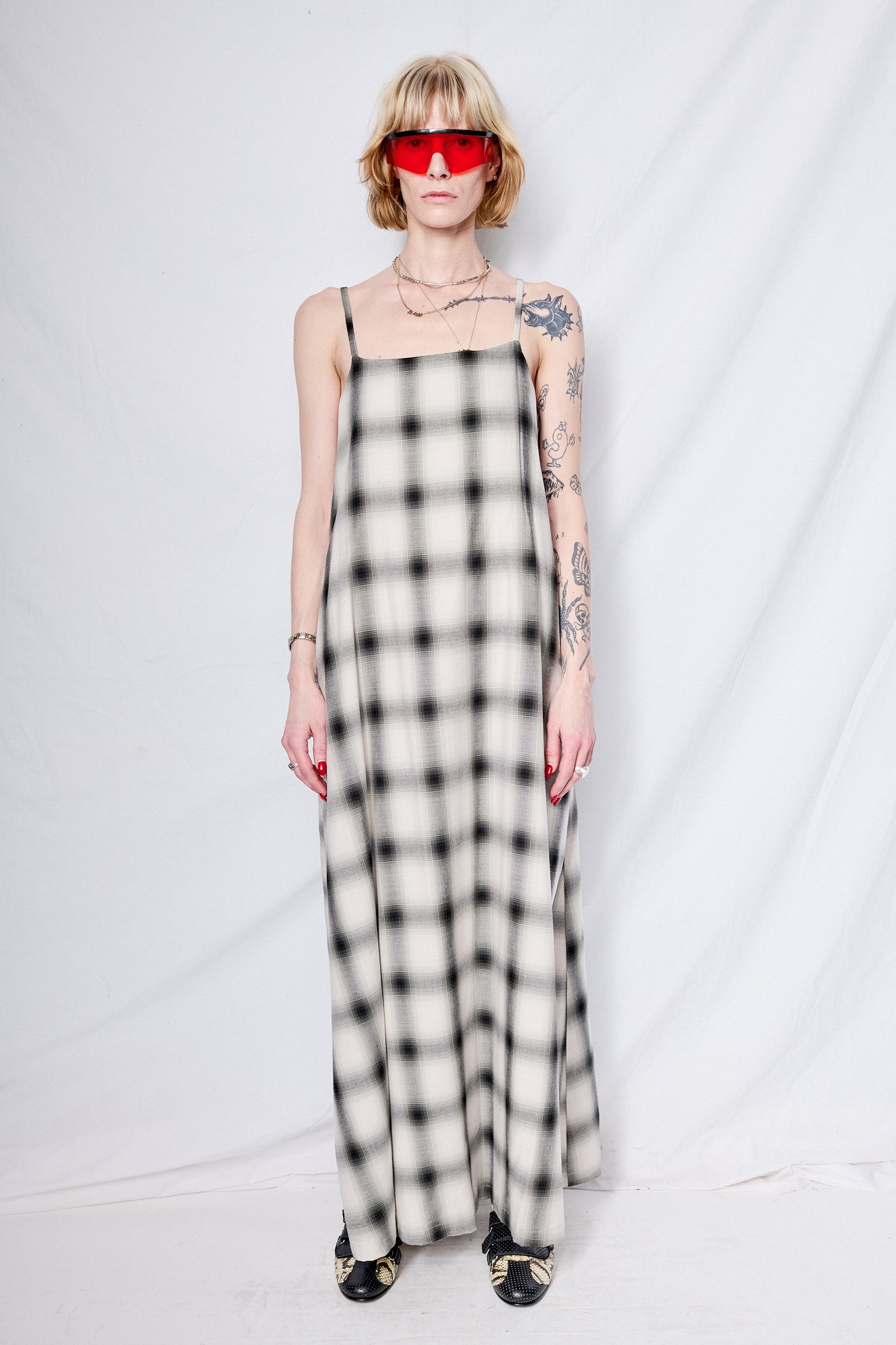 White Plaid Long Dress
