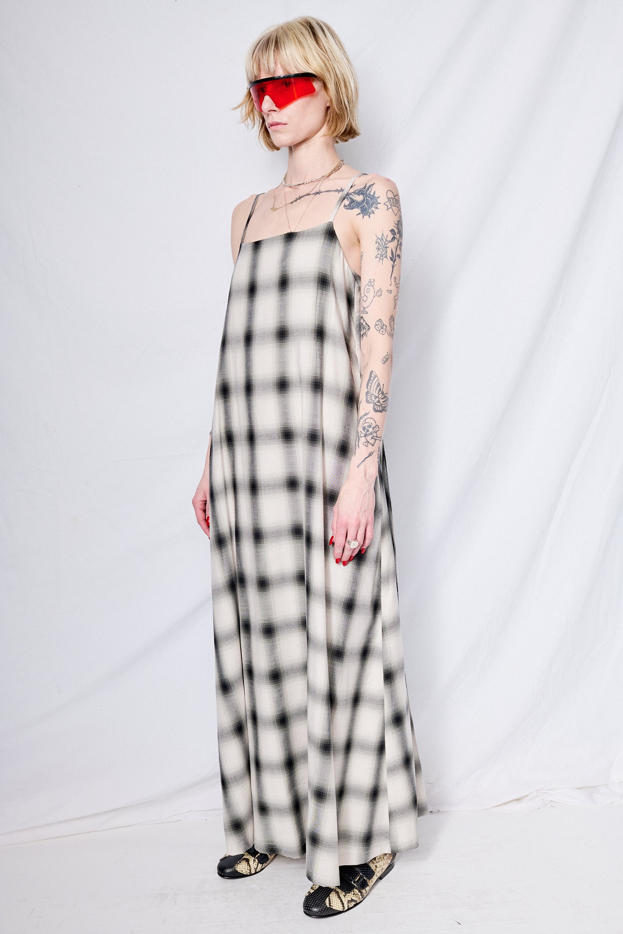 White Plaid Long Dress