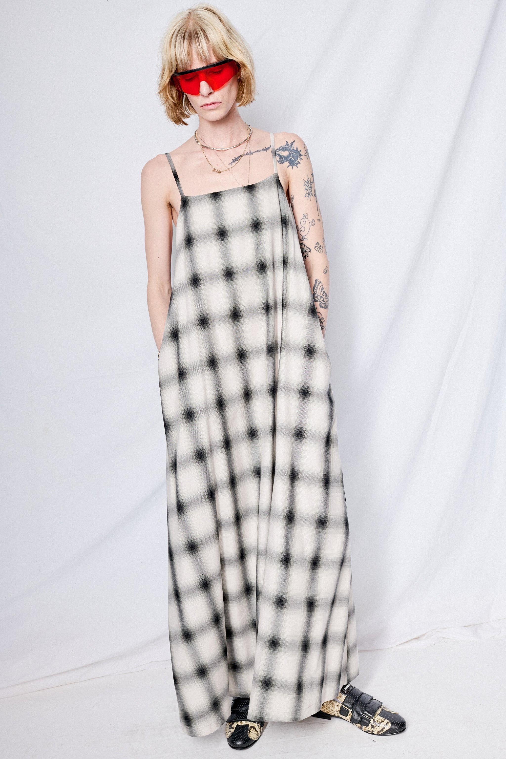White Plaid Long Dress