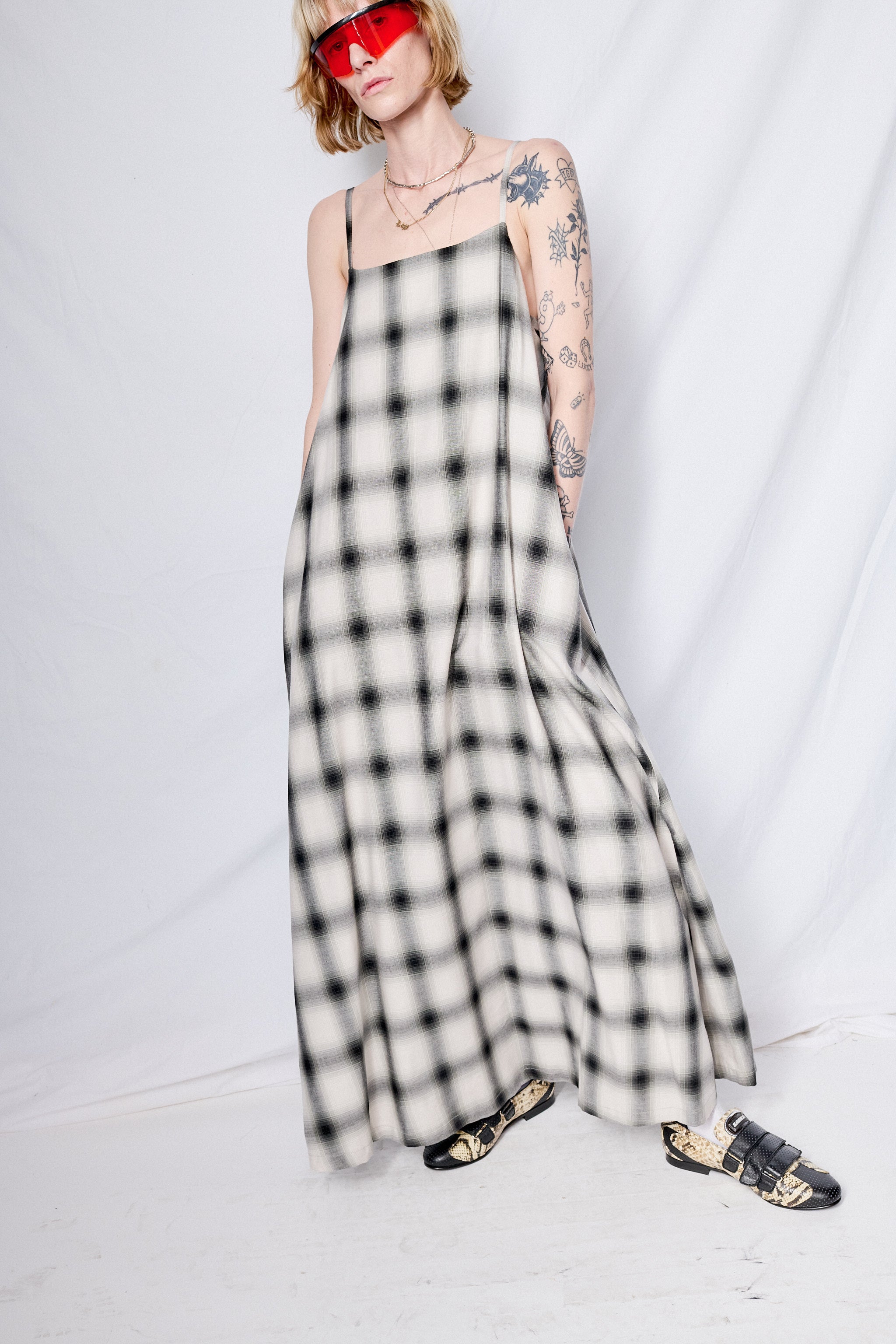 White Plaid Long Dress