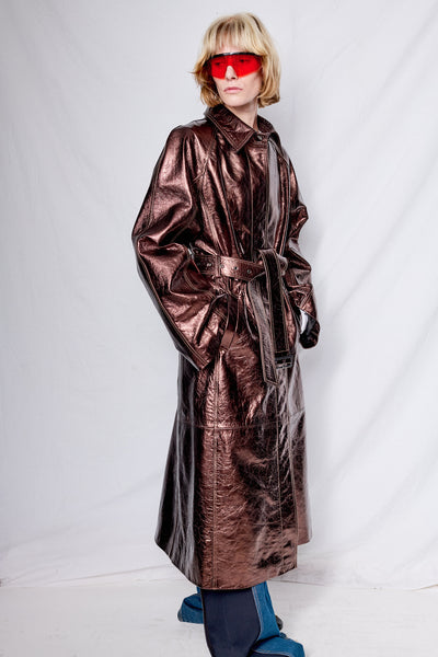 Shiny Burgundy Leather Trench Coat - Jovana Markovic