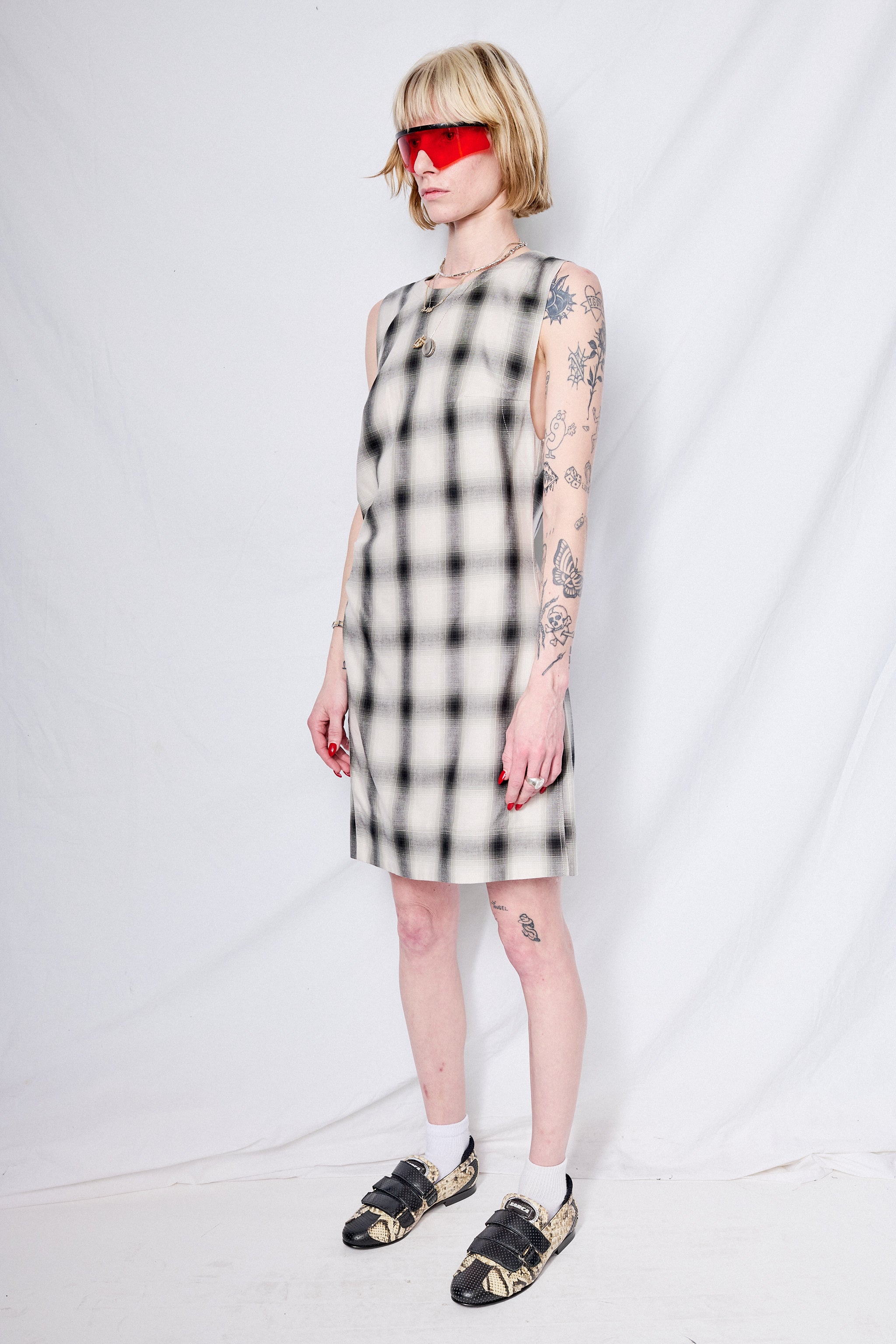 White Plaid Sleeveless Mini Dress