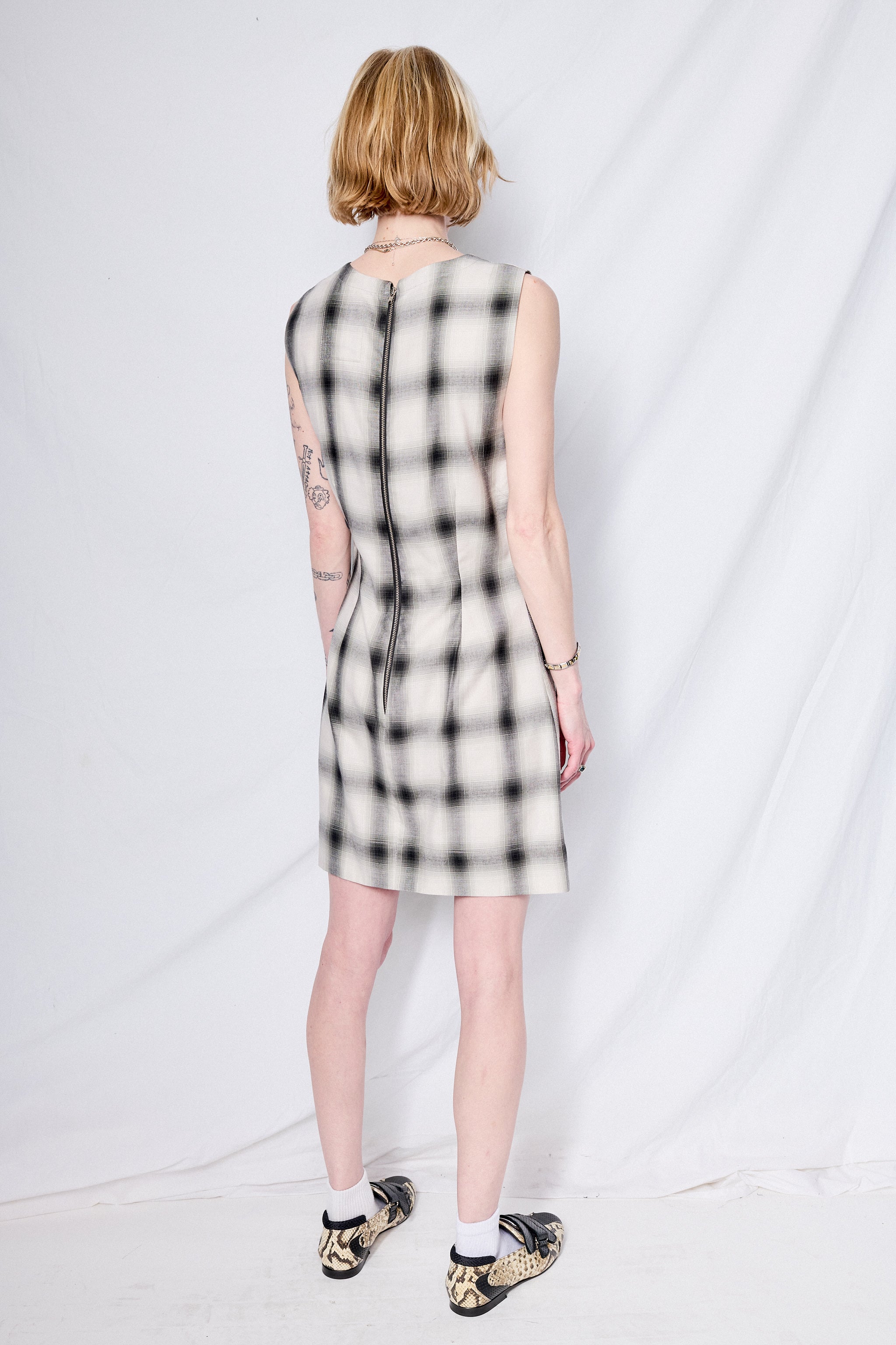 White Plaid Sleeveless Mini Dress