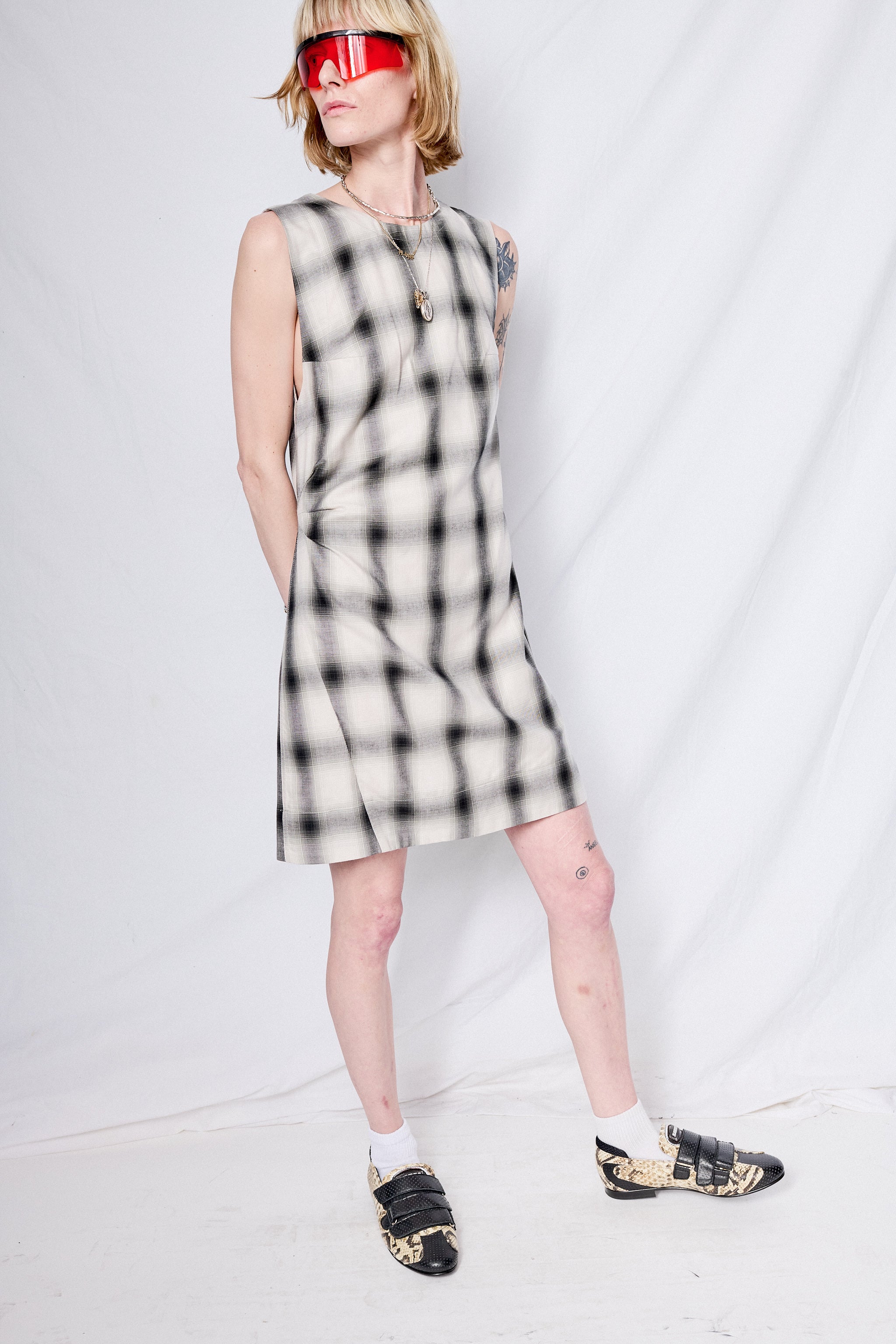 White Plaid Sleeveless Mini Dress