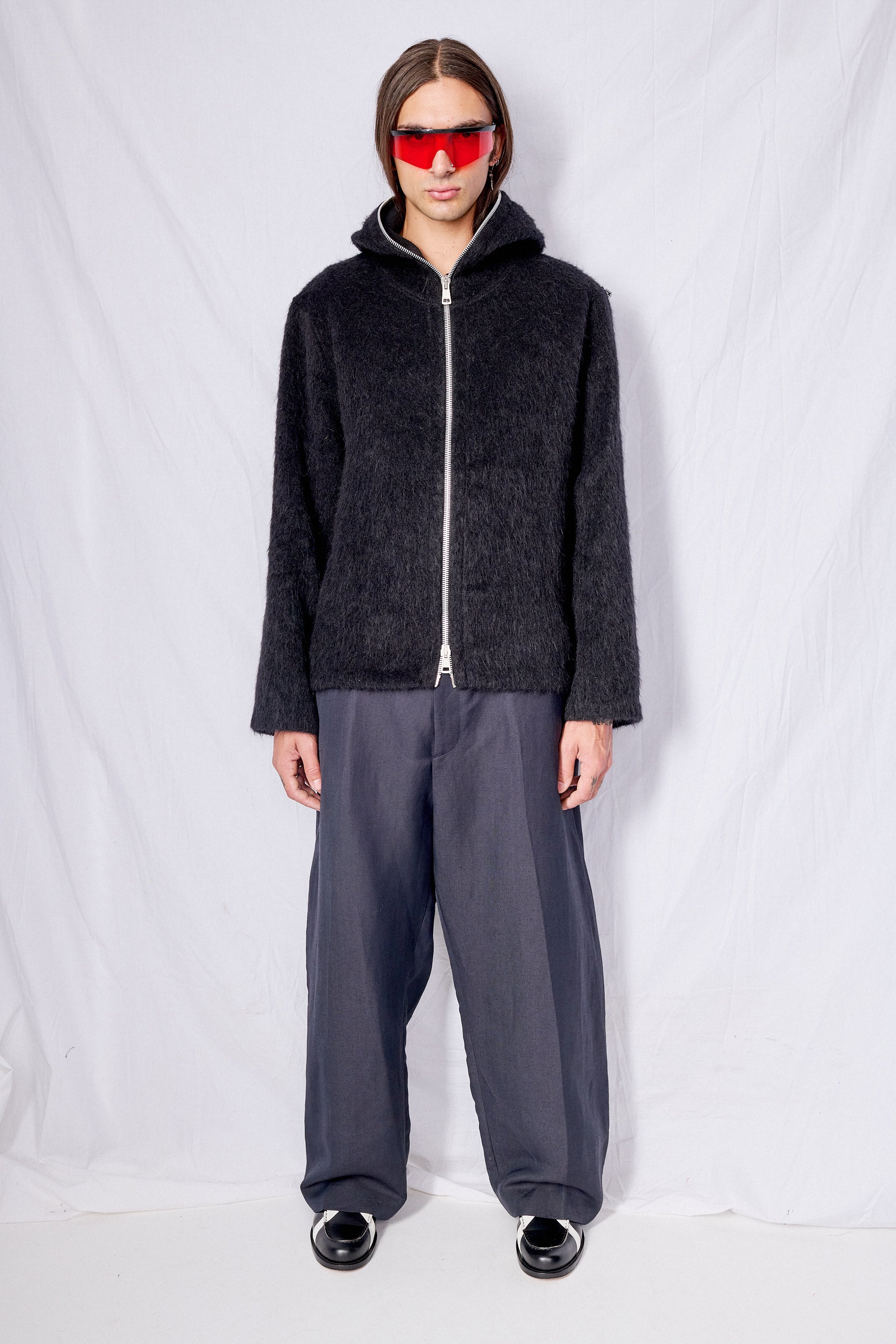 Black Hairy Wool Full Zip Hood