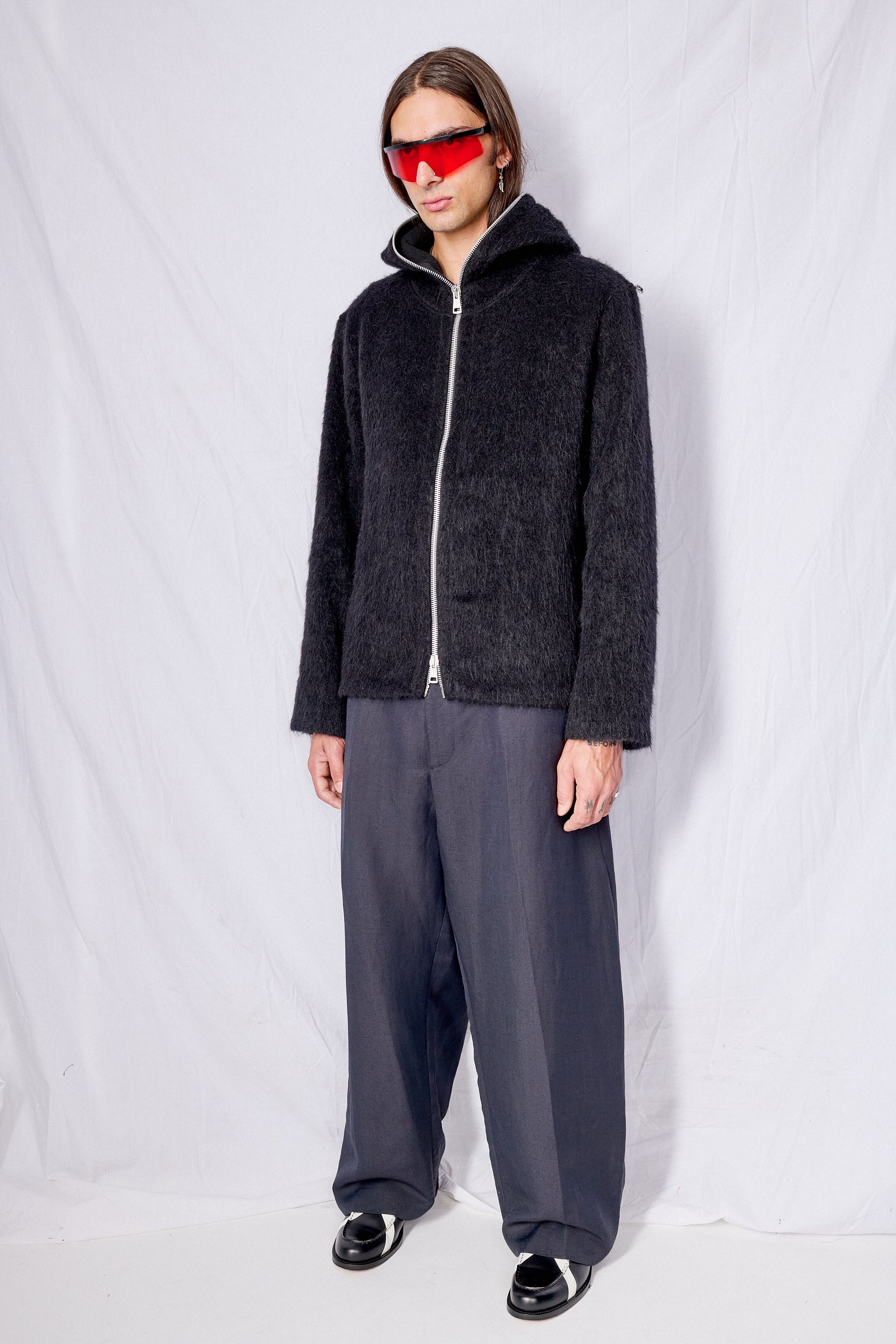 Black Hairy Wool Full Zip Hood