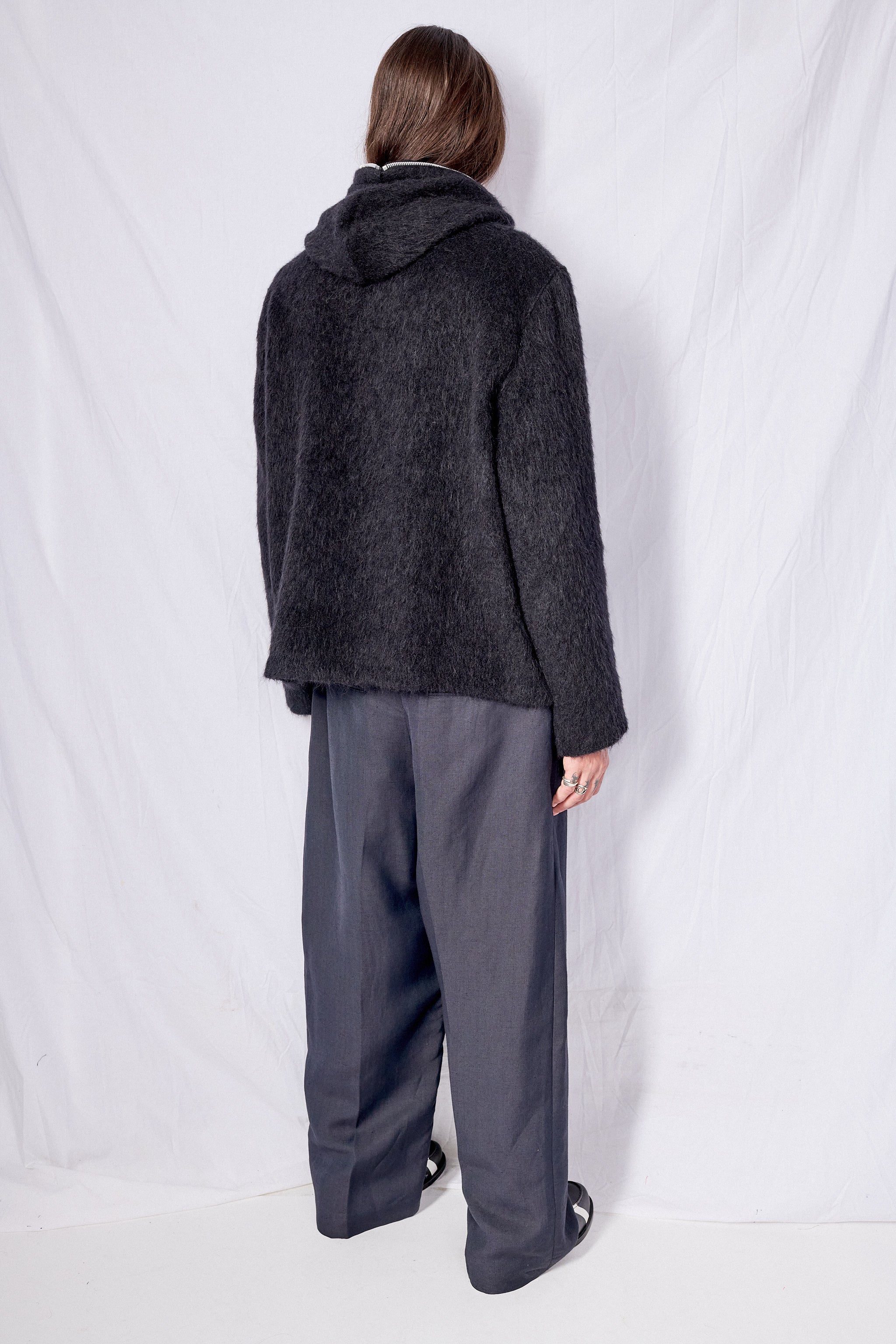 Black Hairy Wool Full Zip Hood