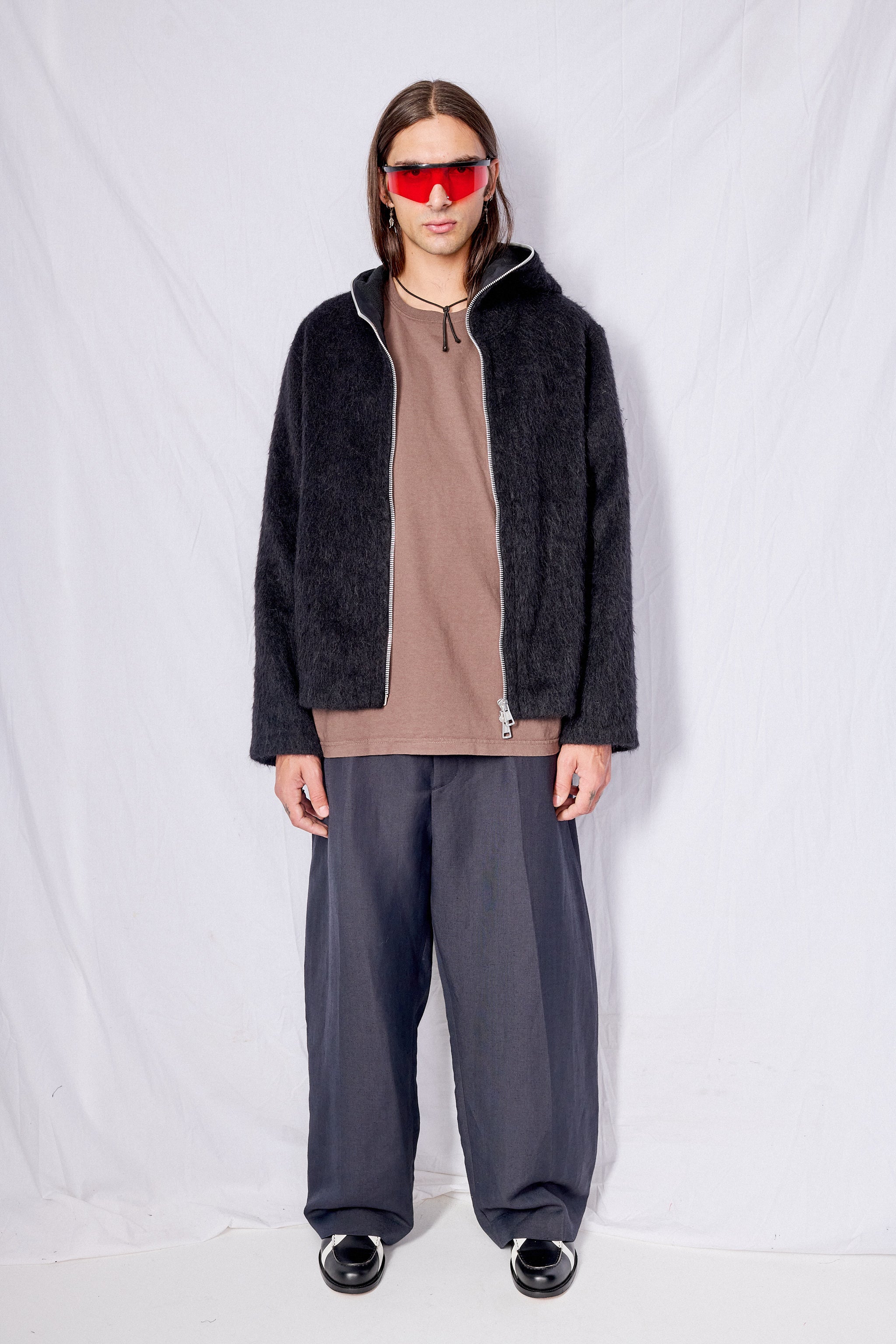 Black Hairy Wool Full Zip Hood