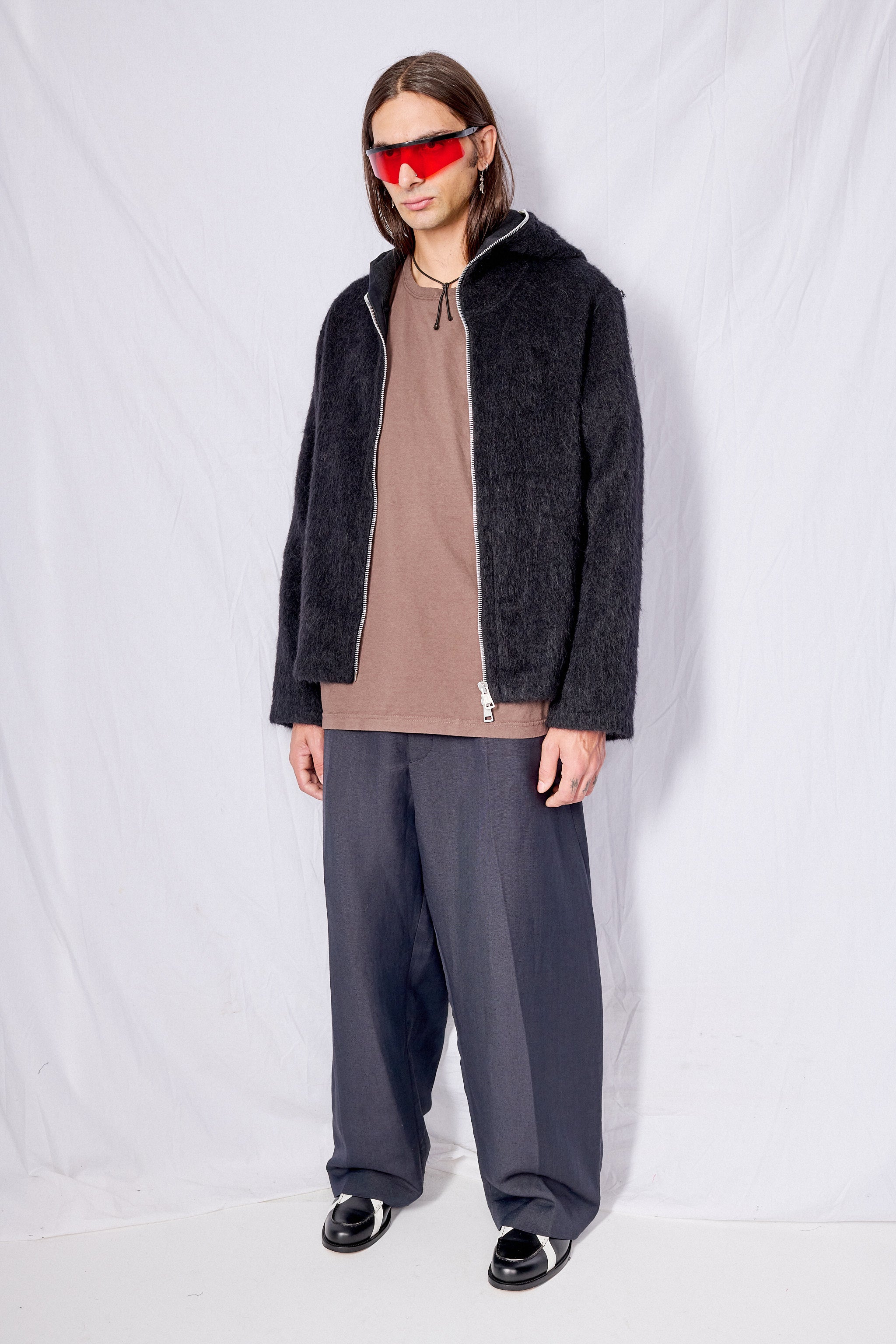 Black Hairy Wool Full Zip Hood