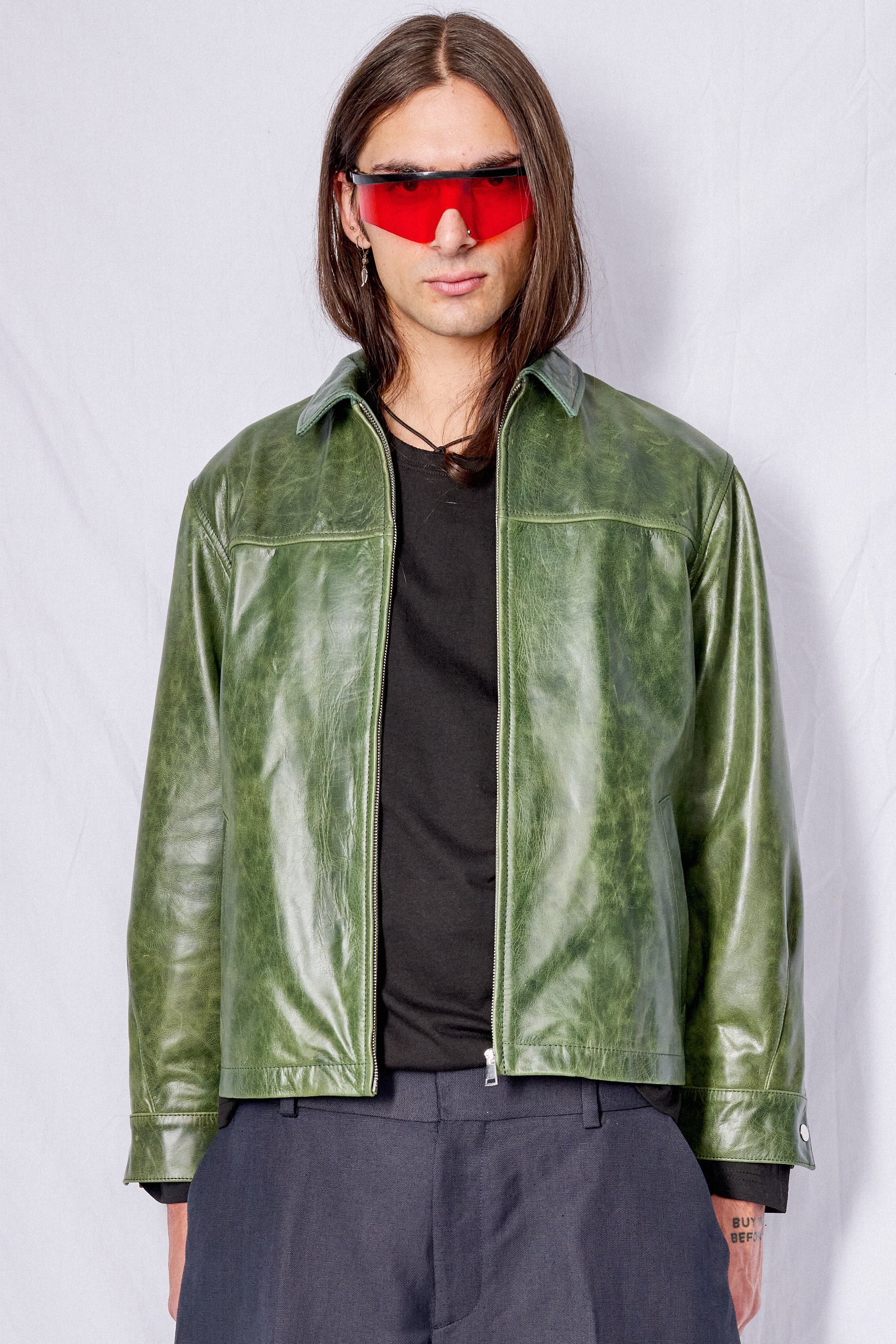 Green Crunch Leather Zip Jacket