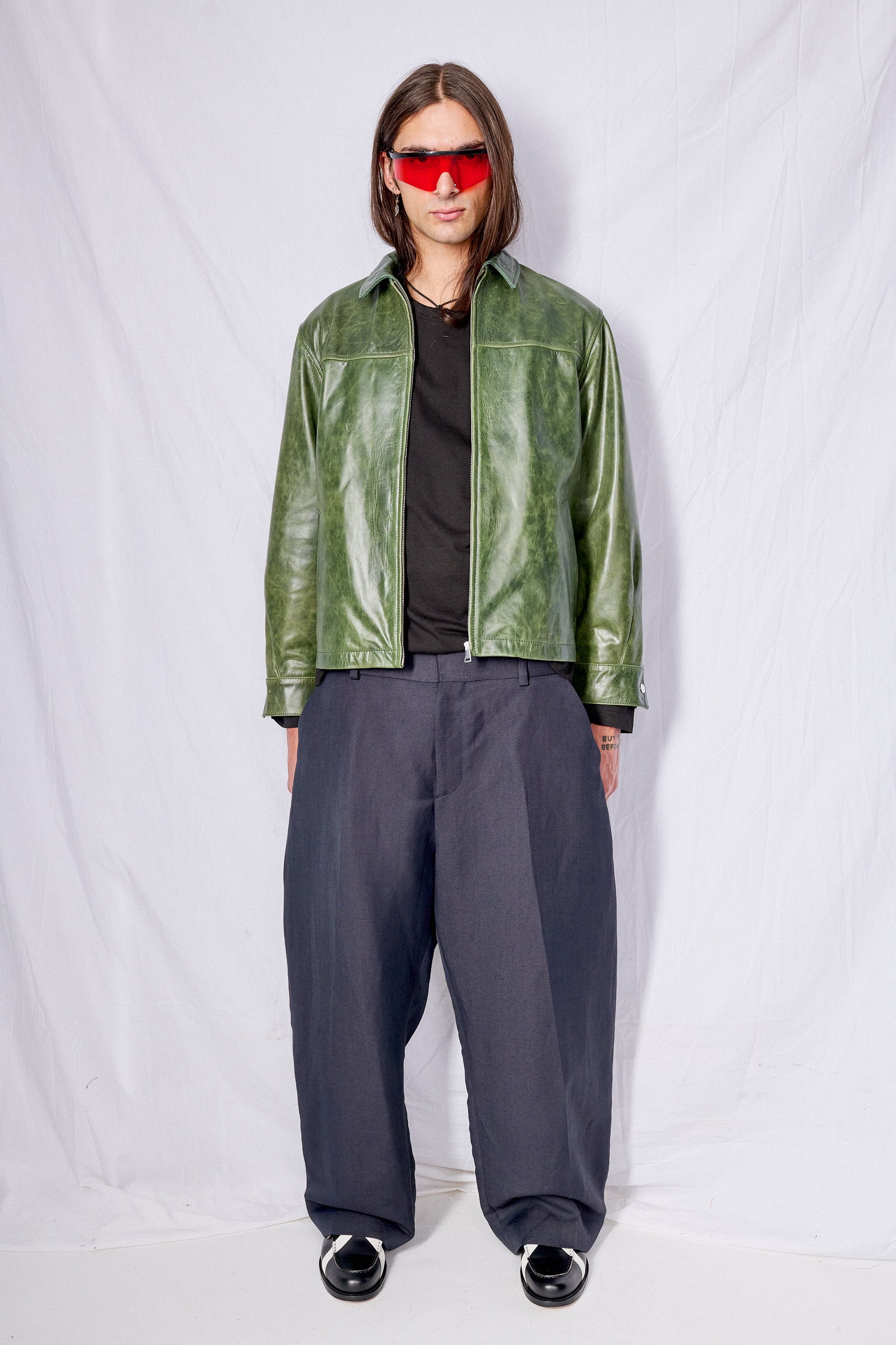 Green Crunch Leather Zip Jacket