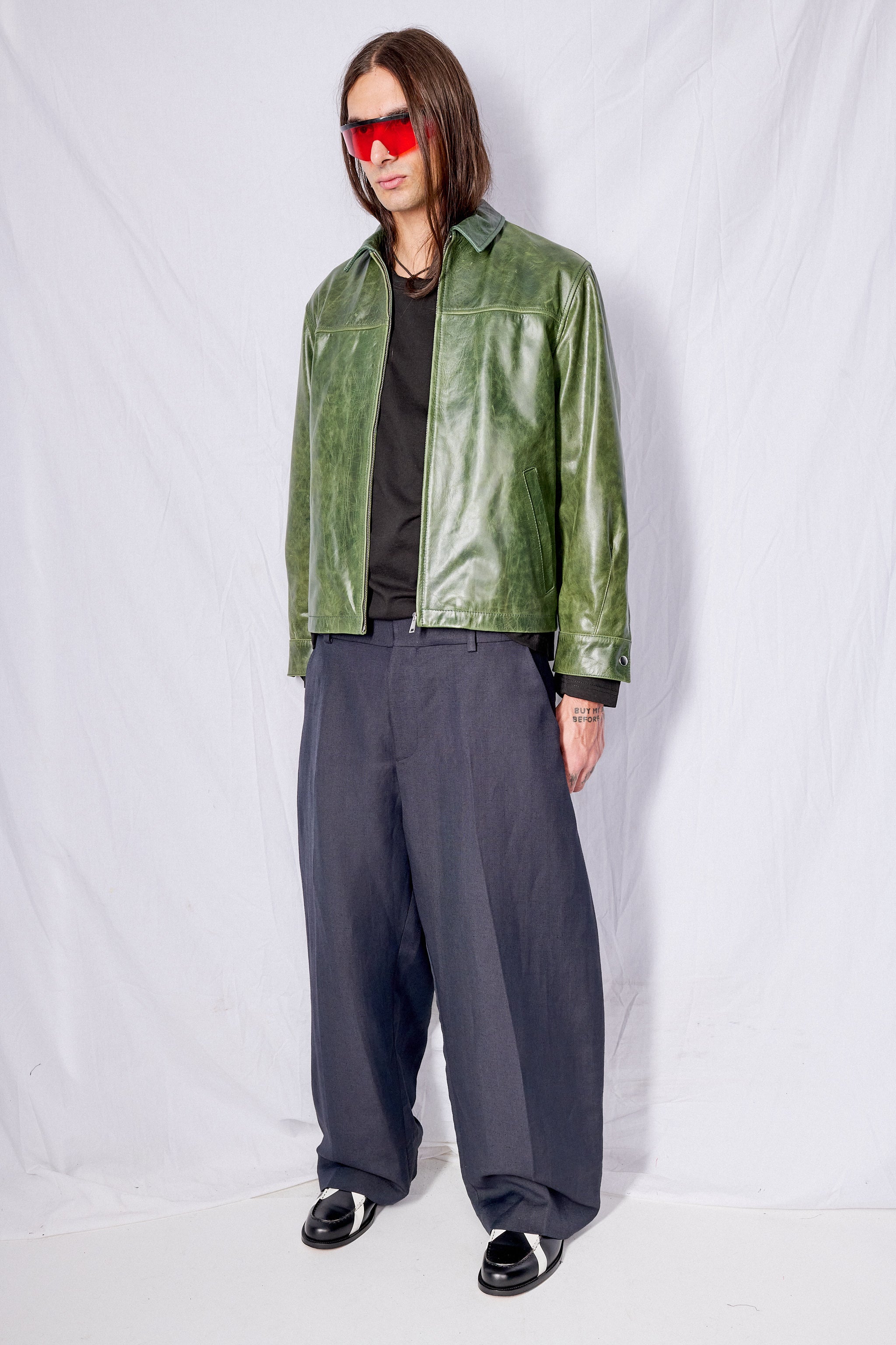 Green Crunch Leather Zip Jacket
