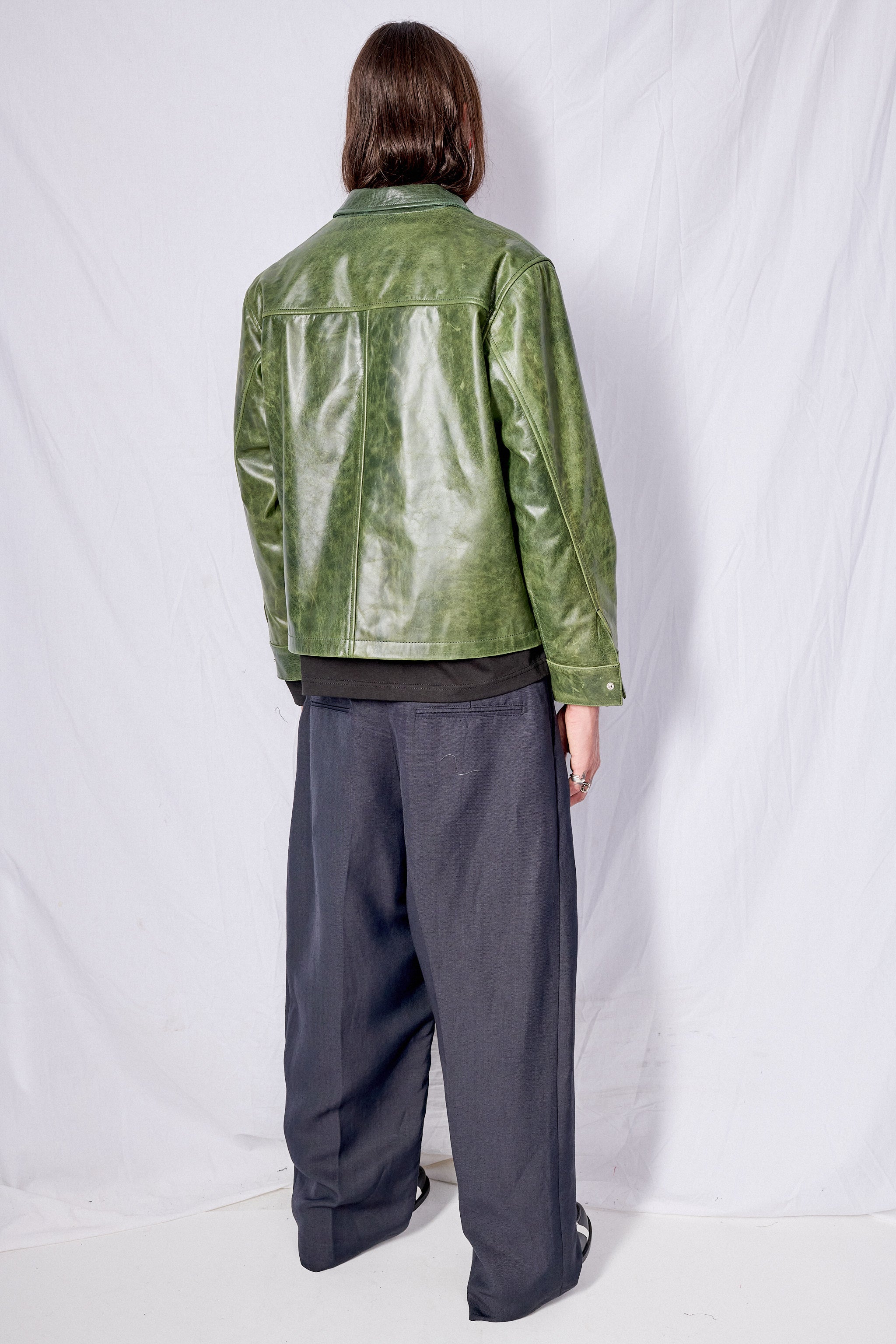 Green Crunch Leather Zip Jacket