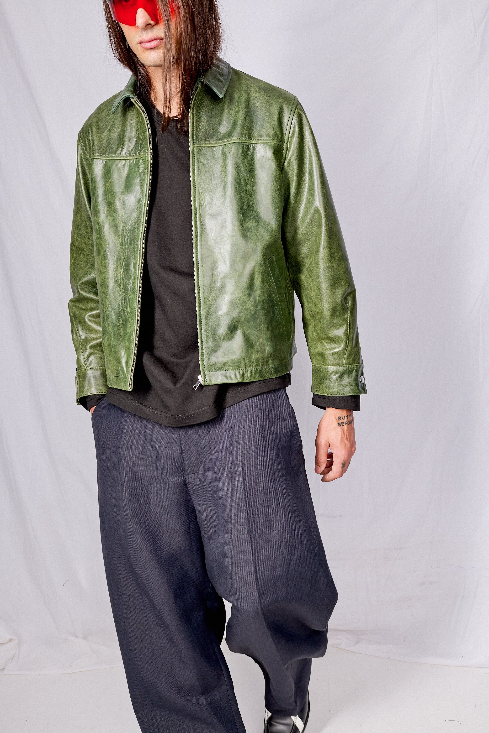 Green Crunch Leather Zip Jacket