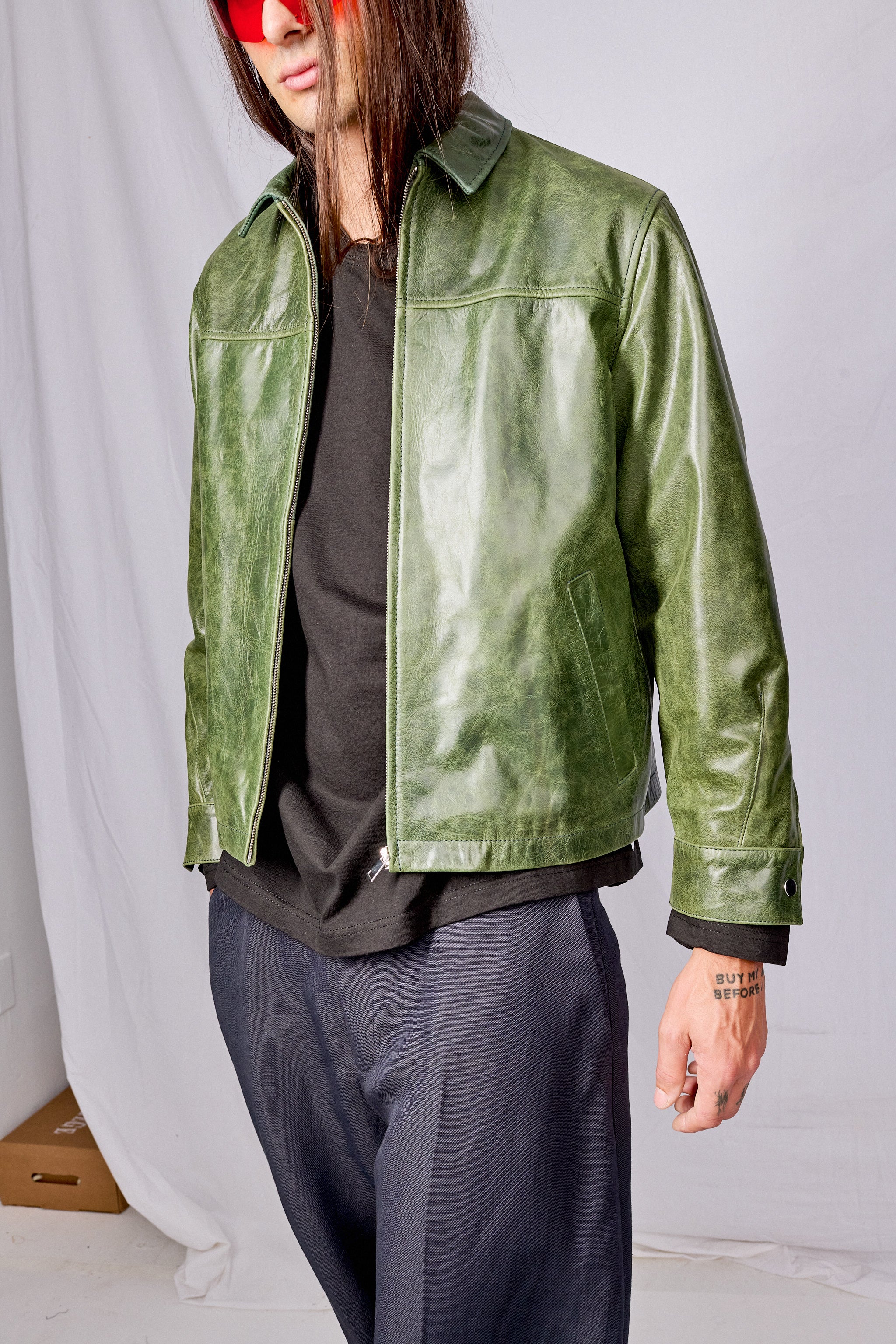 Green Crunch Leather Zip Jacket