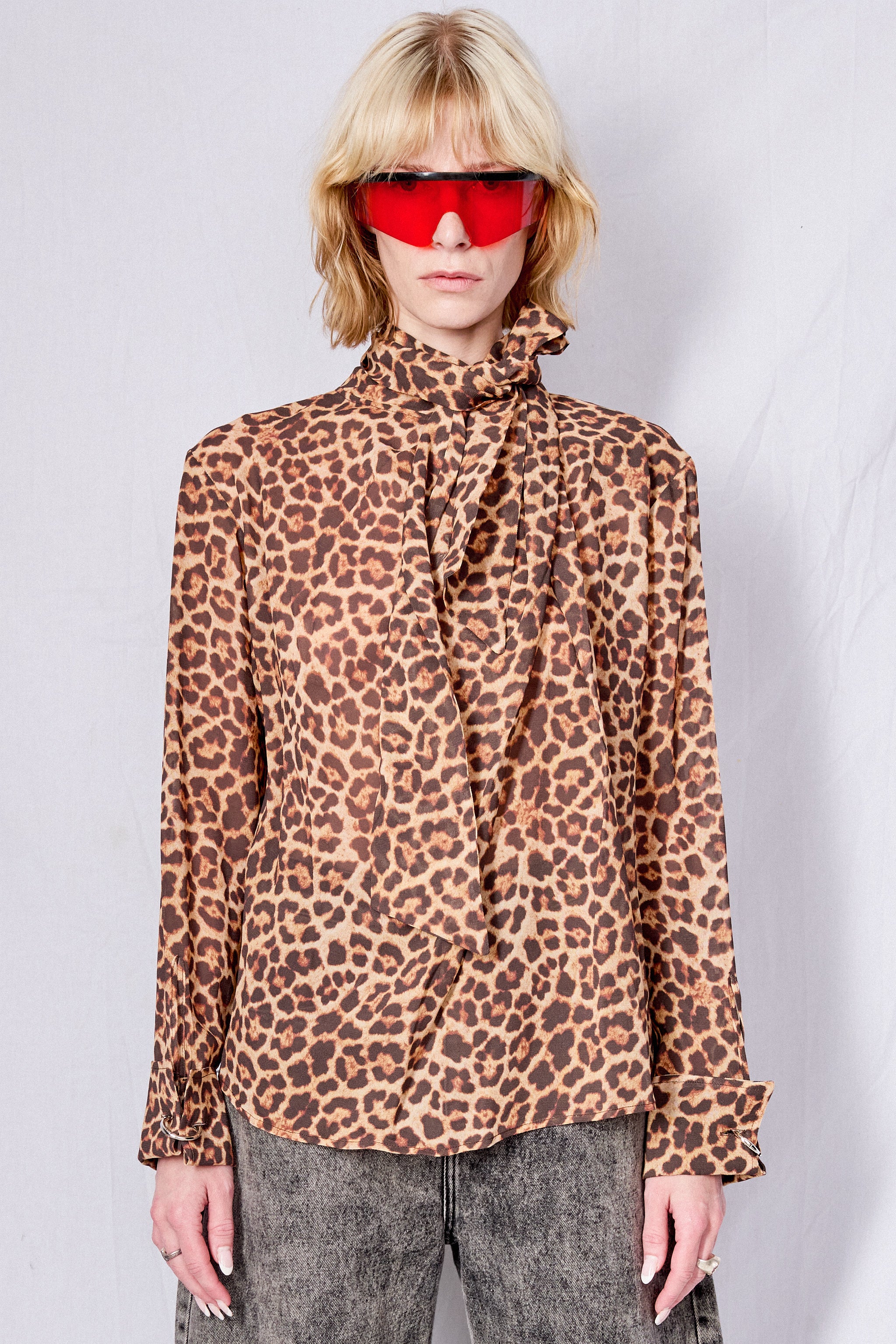 Leopard Printed Chiffon Draped Neck Blouse