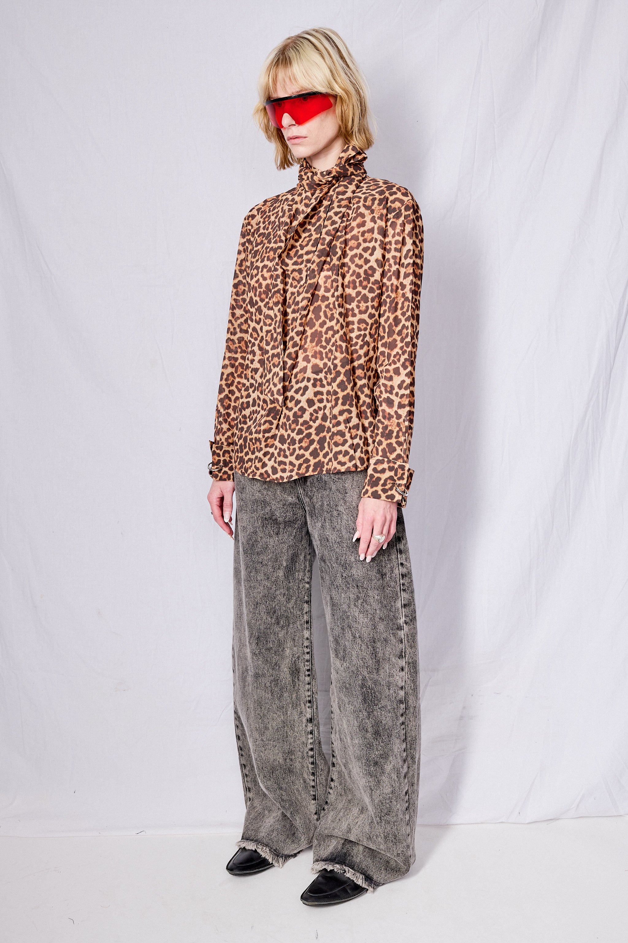 Leopard Printed Chiffon Draped Neck Blouse