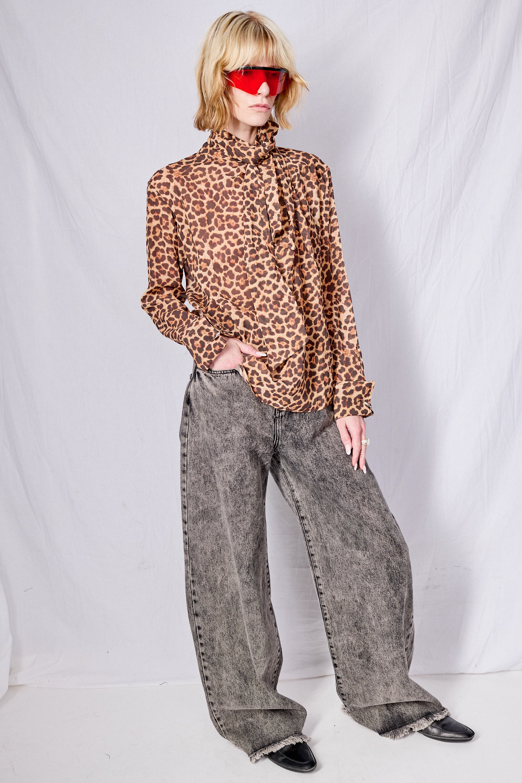 Leopard Printed Chiffon Draped Neck Blouse