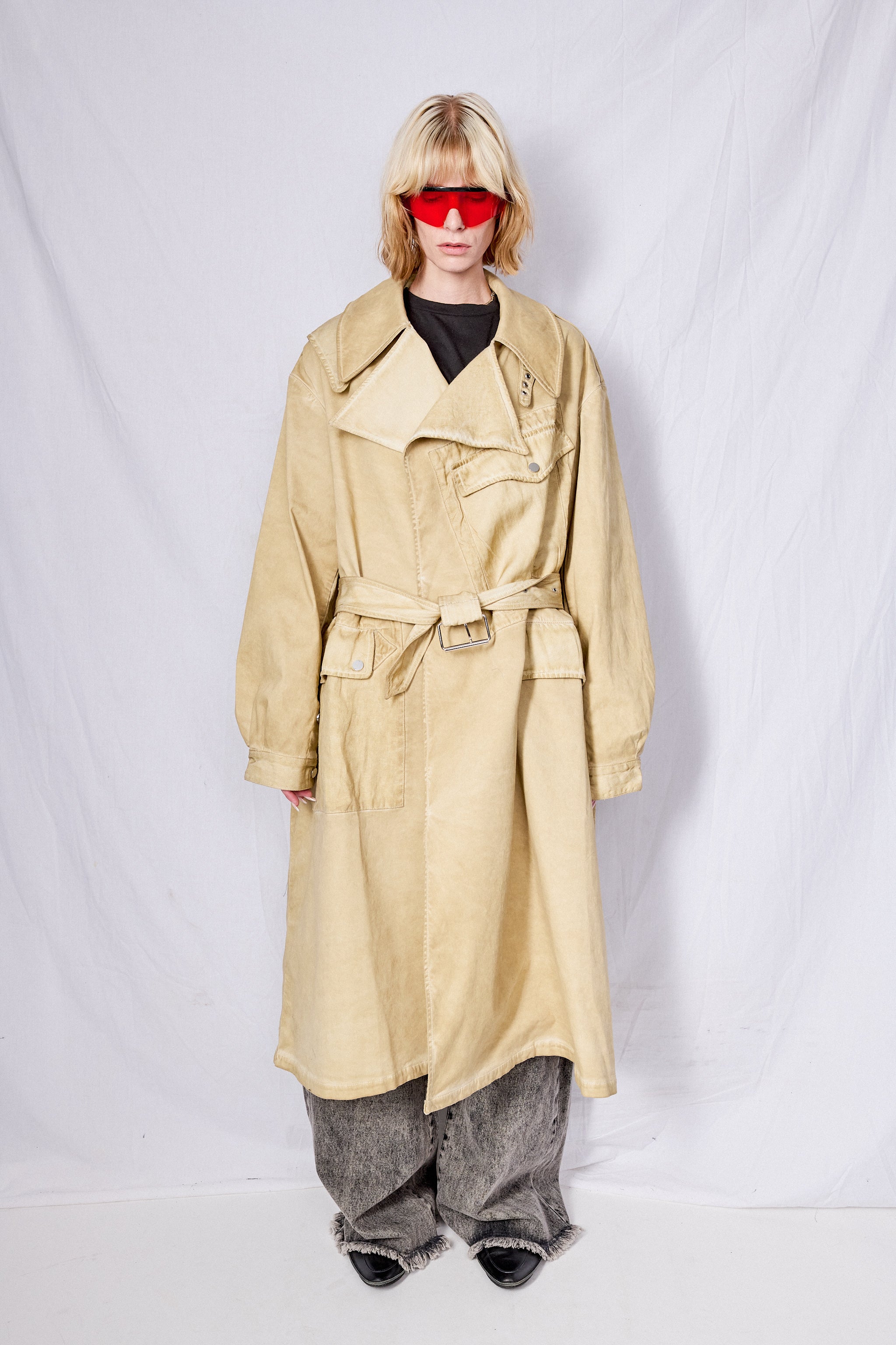 Khaki Cold Dye Long Trench Coat