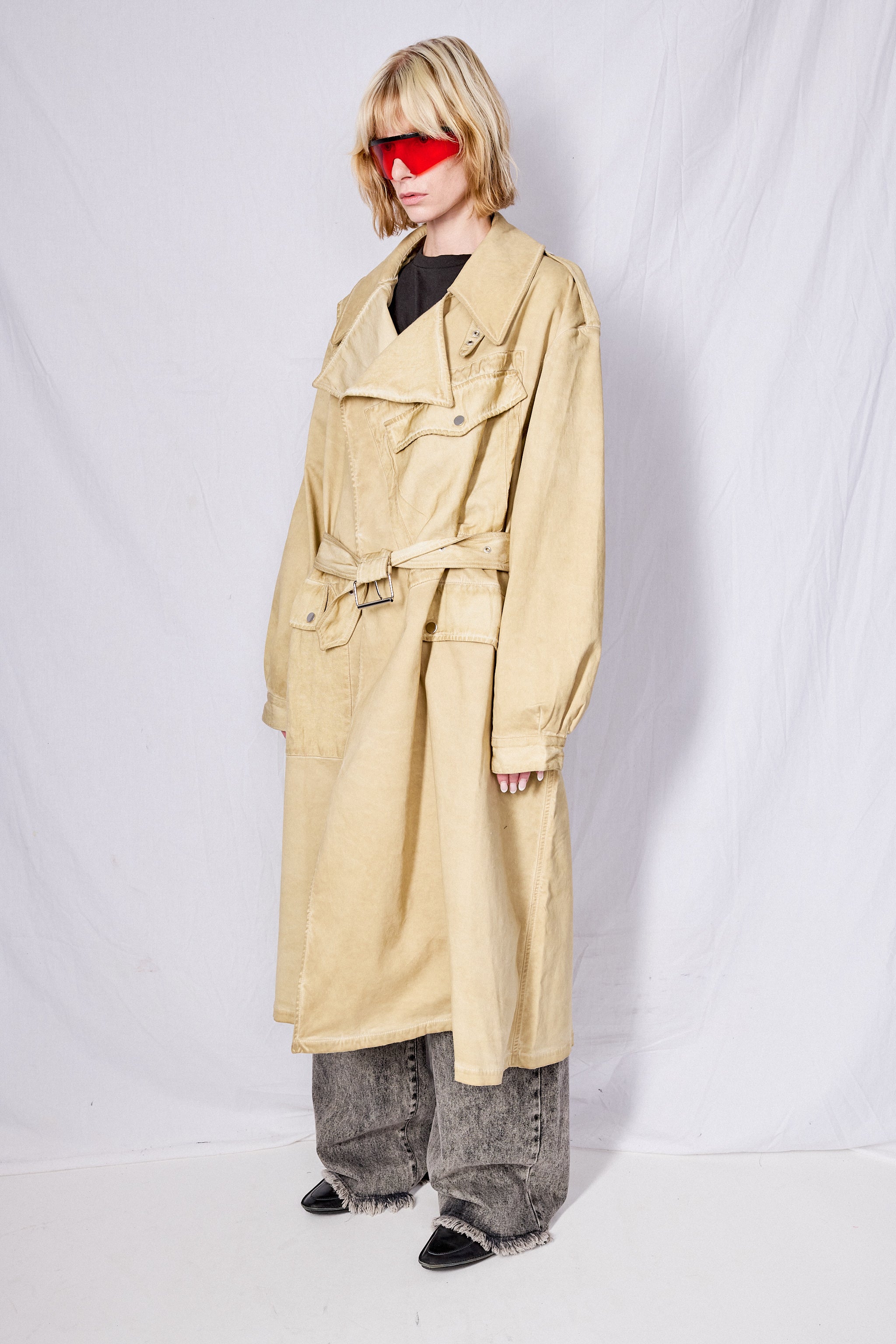 Khaki Cold Dye Long Trench Coat