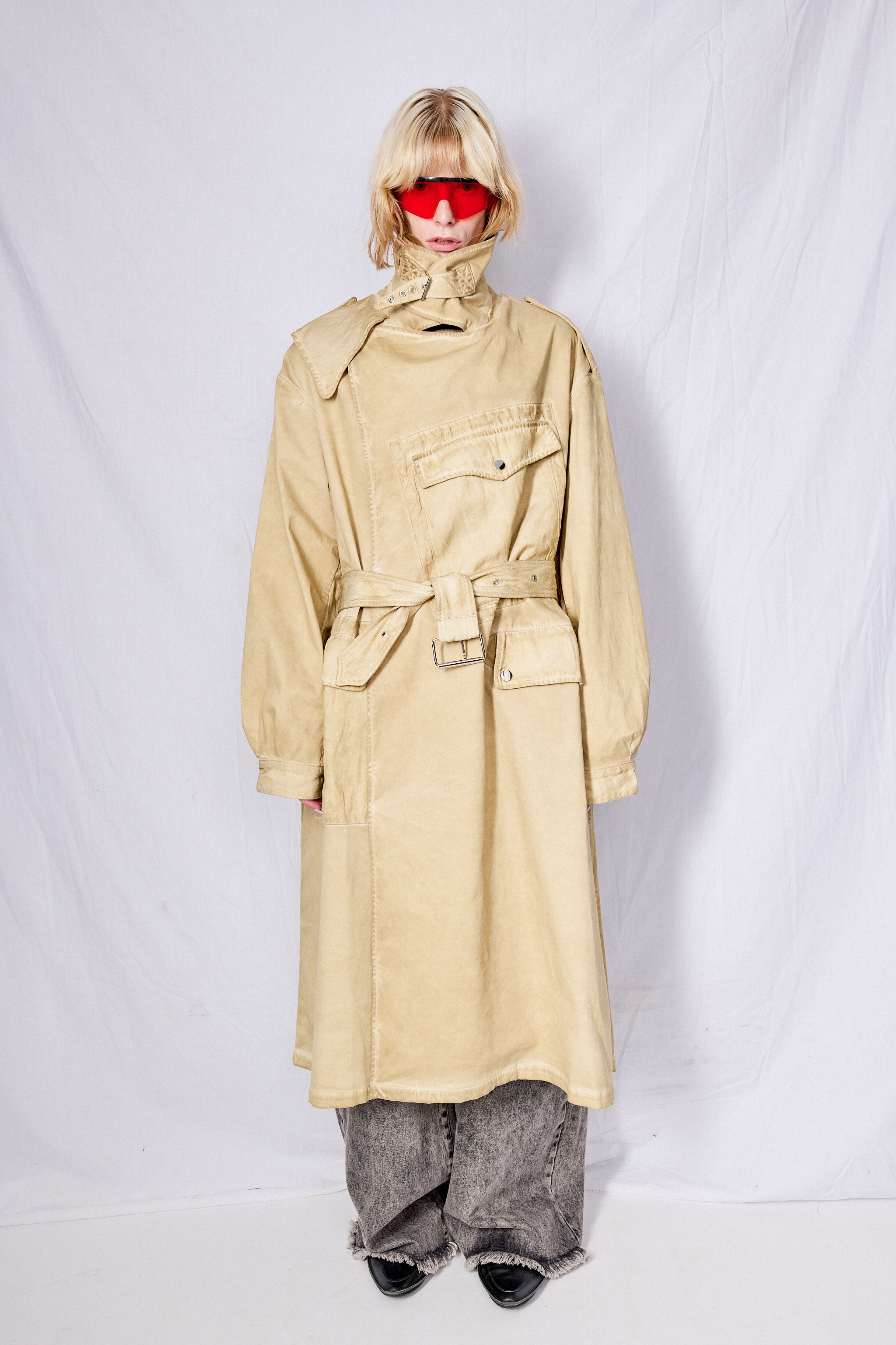 Khaki Cold Dye Long Trench Coat