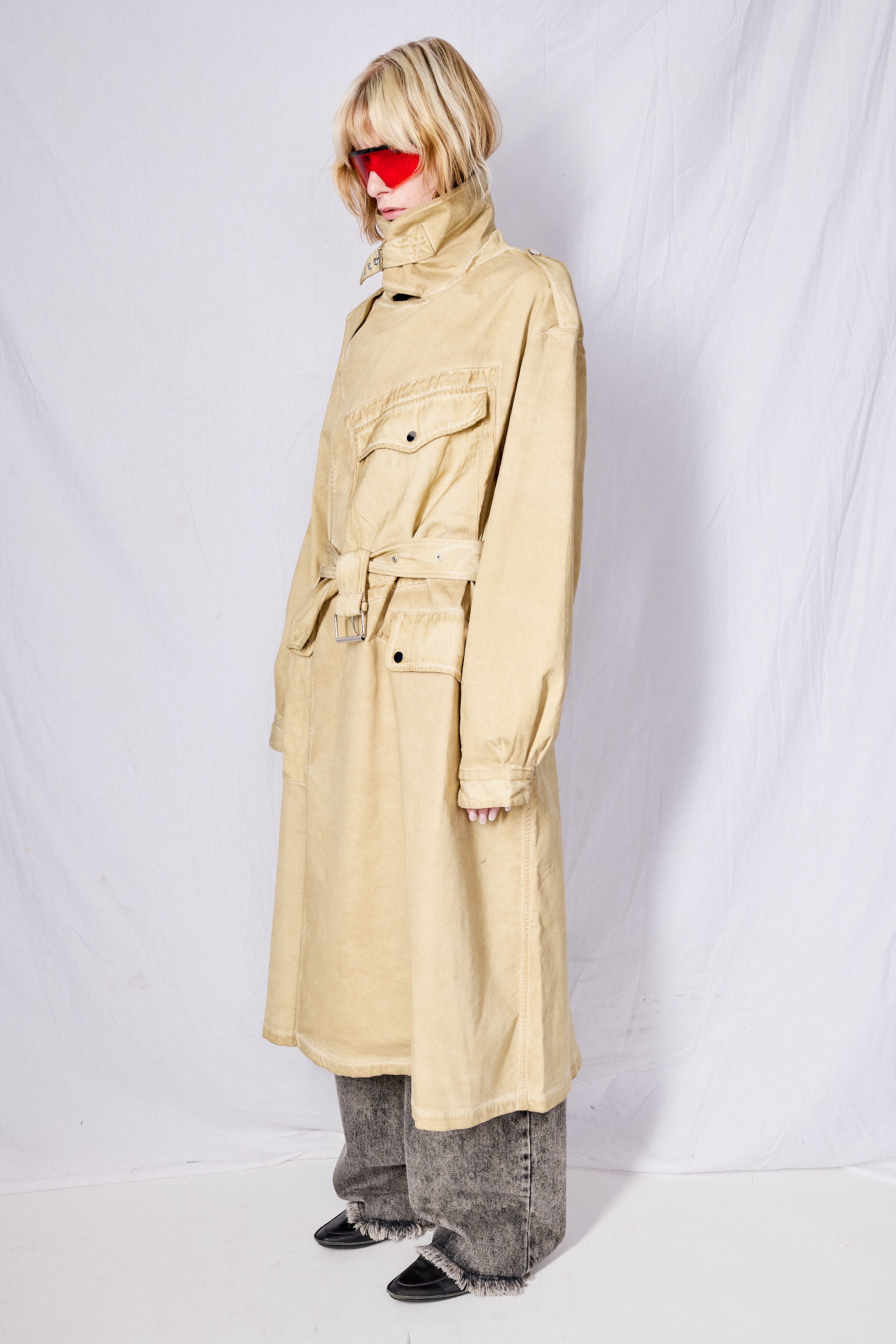 Khaki Cold Dye Long Trench Coat