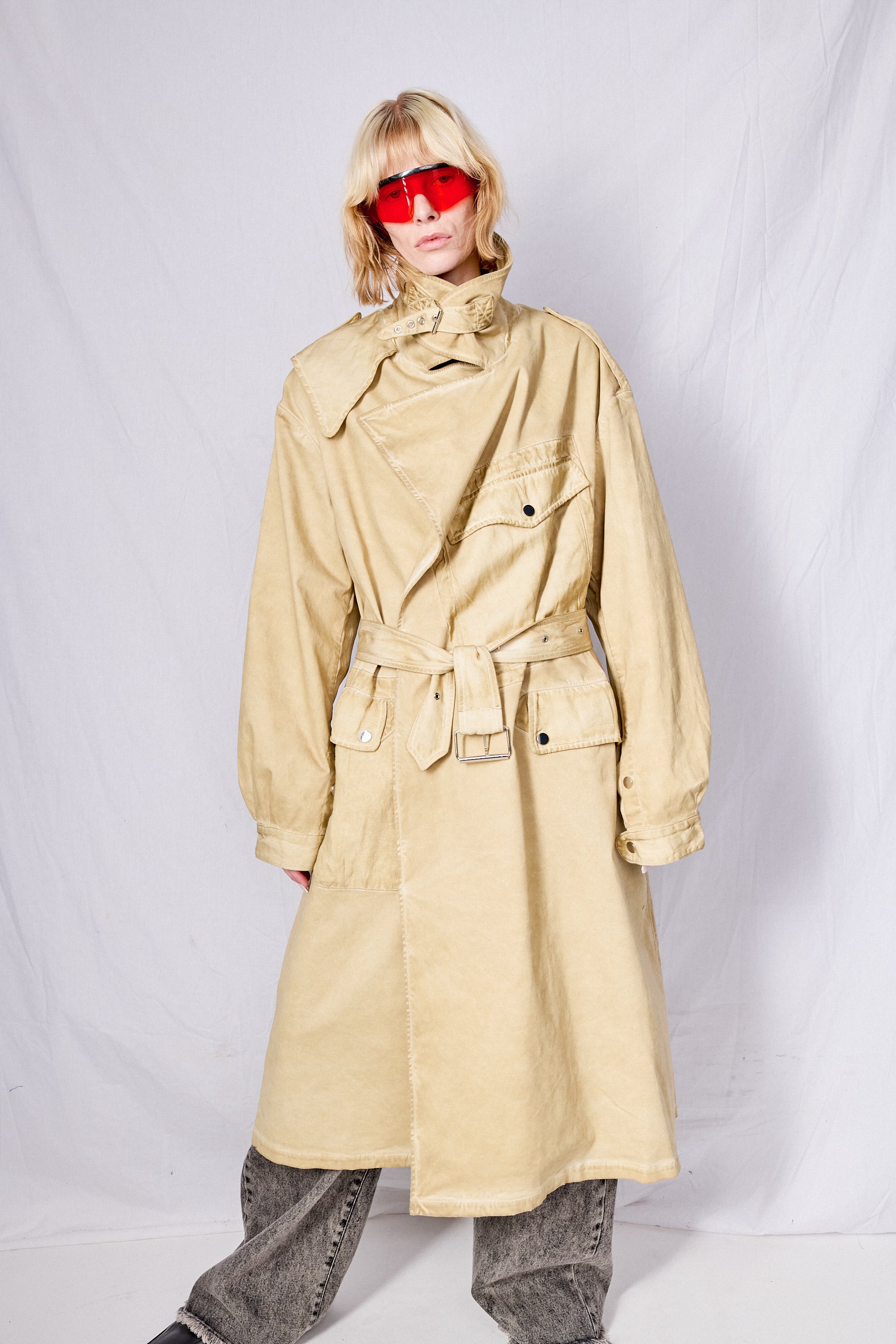 Khaki Cold Dye Long Trench Coat