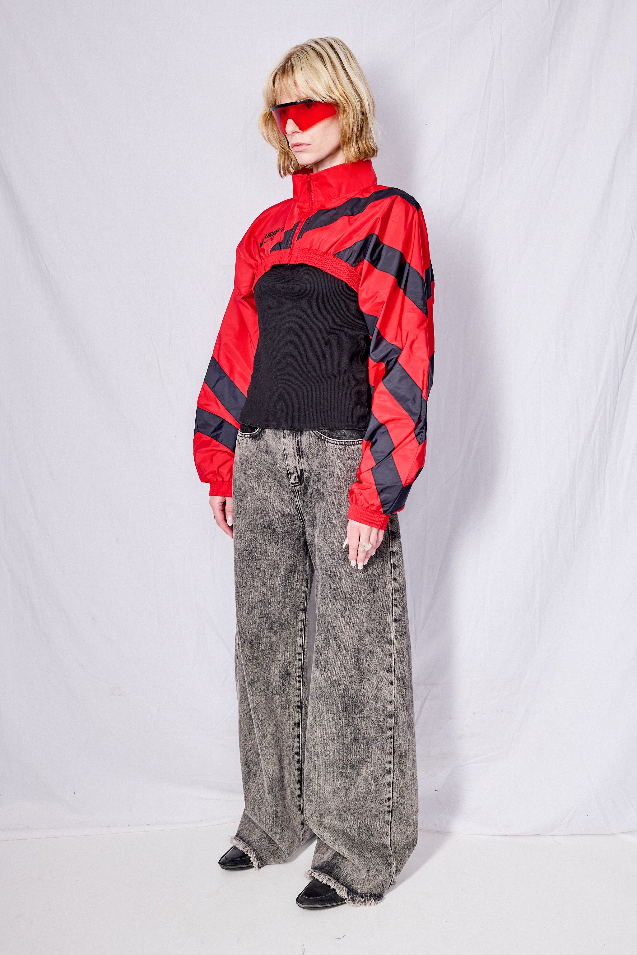 Black/Red Cropped Windbreaker