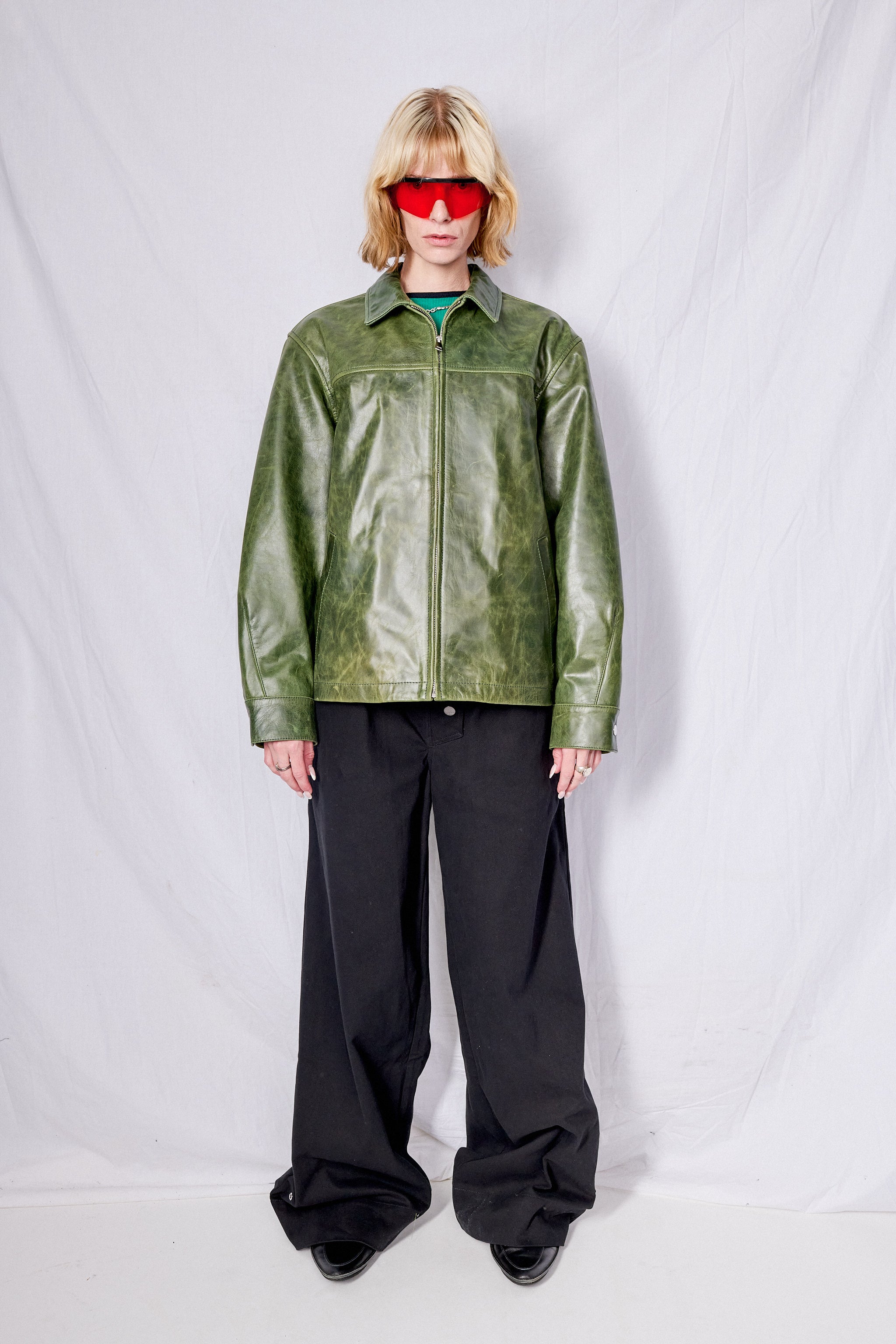 Green Crunch Leather Zip Jacket