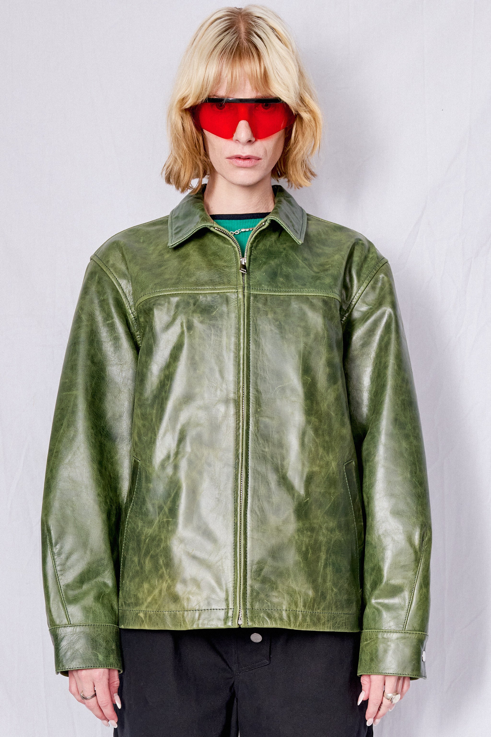 Green Crunch Leather Zip Jacket